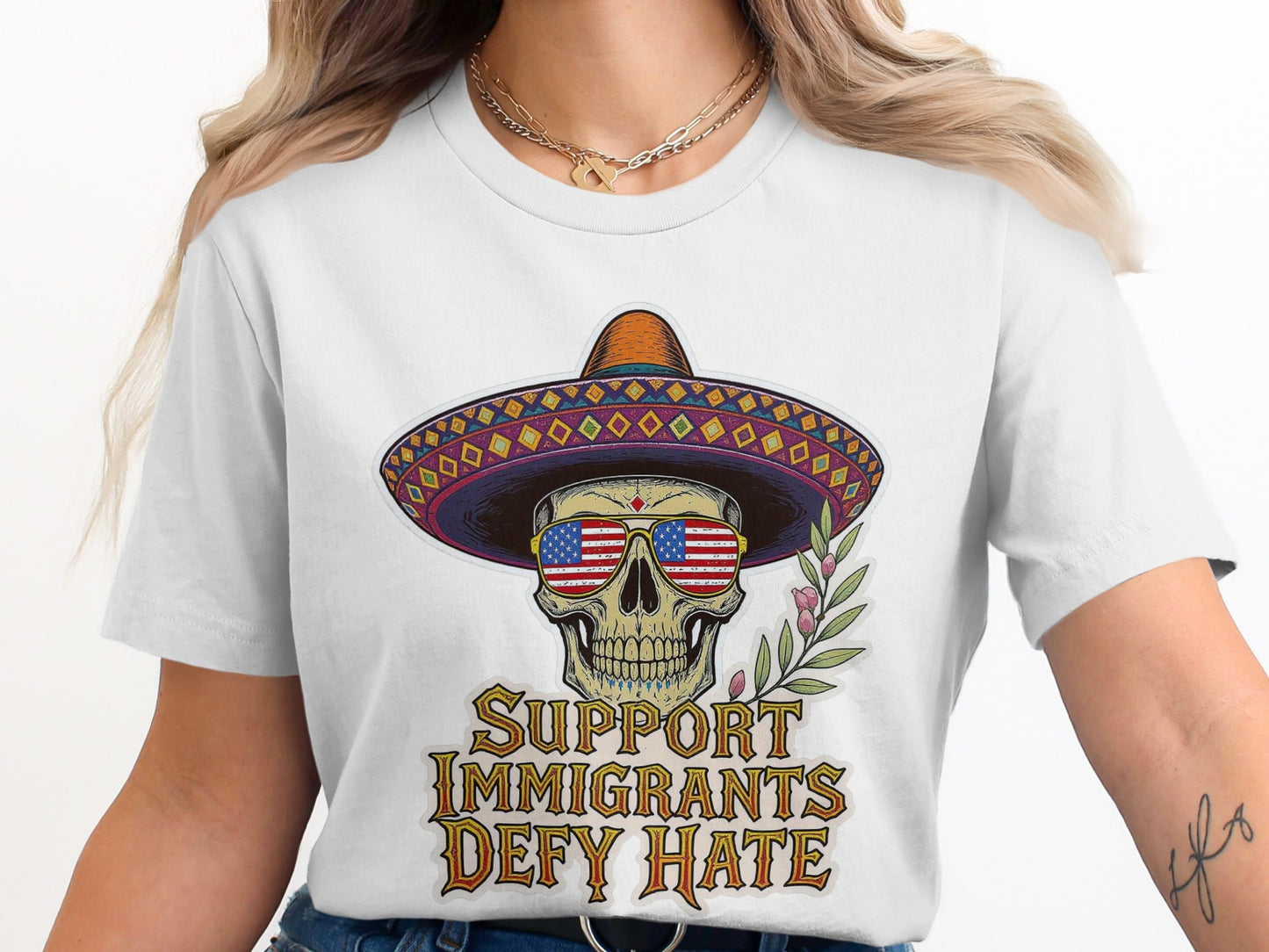 Support Immigrants Defy Hate Skull Graphic T-Shirt