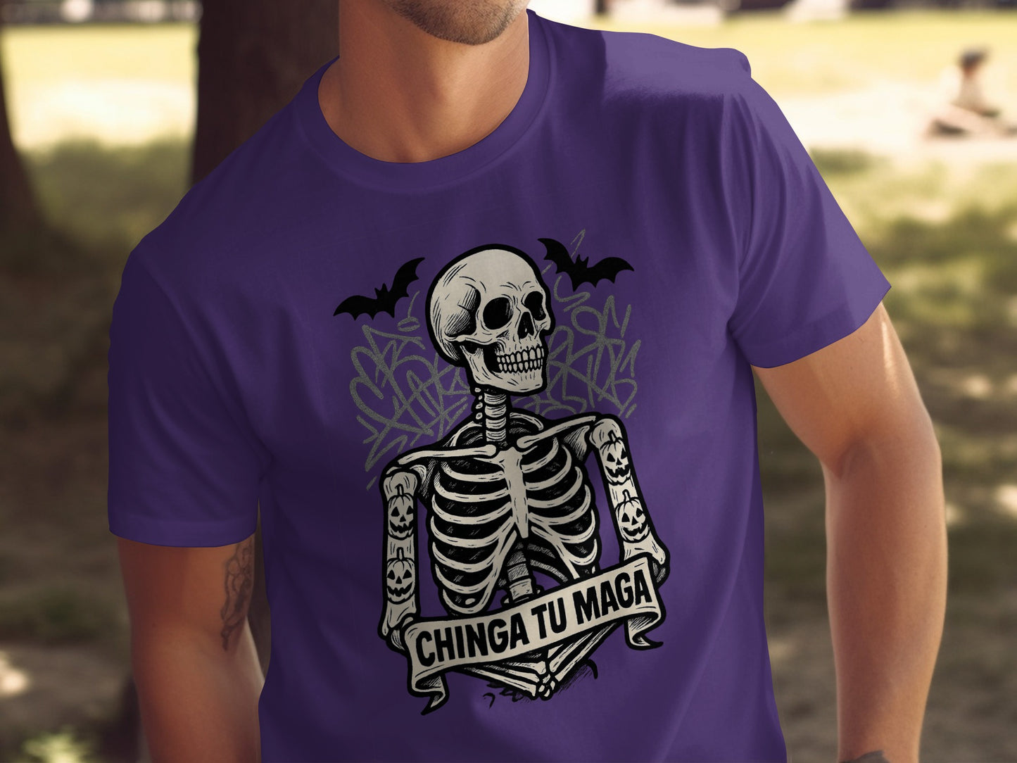 Skeleton Holding Banner with Bats Graphic T-shirt product type