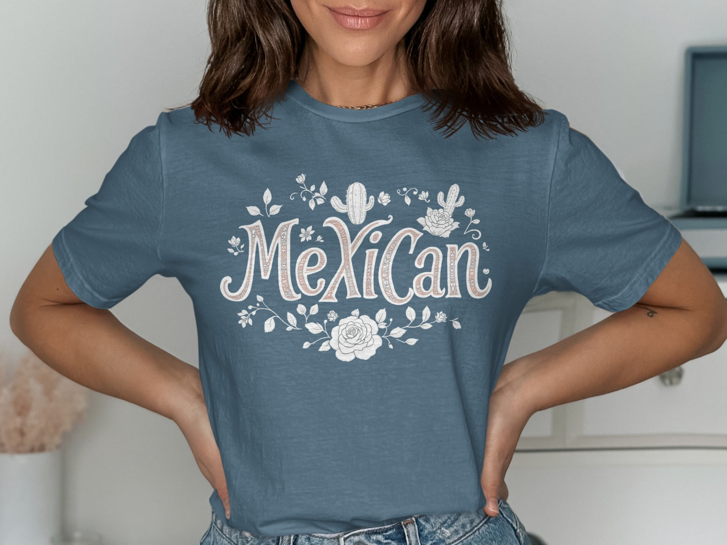 Mexican Floral Cactus Design Blue Graphic T-Shirt product type