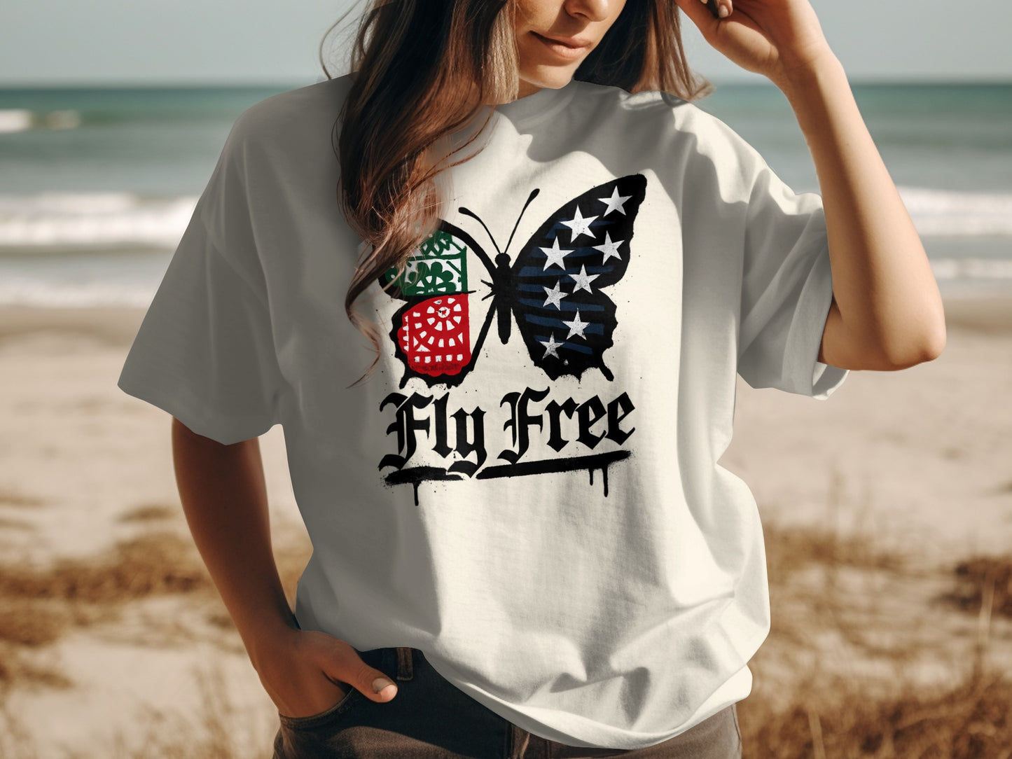 Fly Free Butterfly and Strawberry Graphic T-Shirt Product
