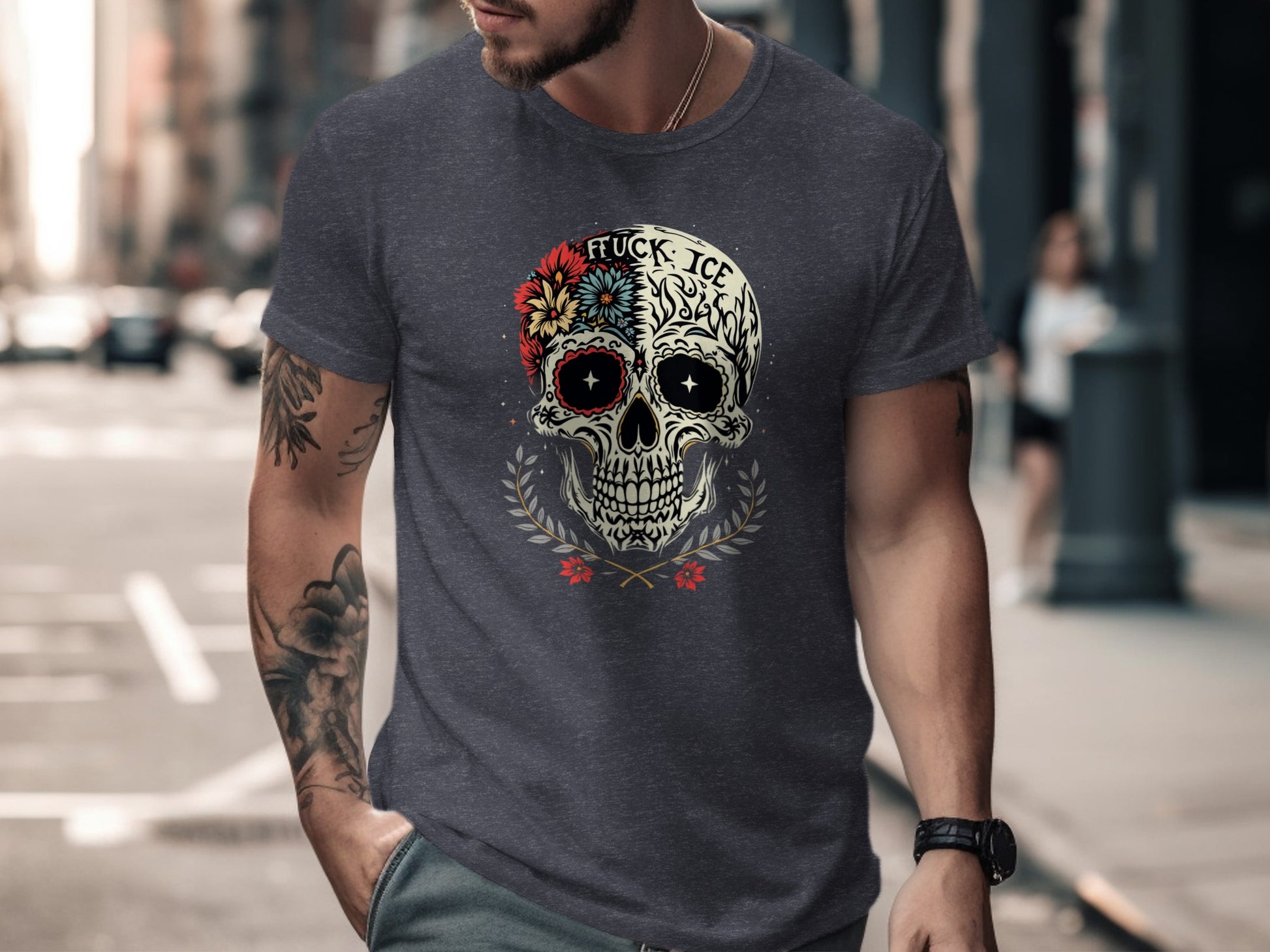 Skull Design with Colorful Flowers T-Shirt product type