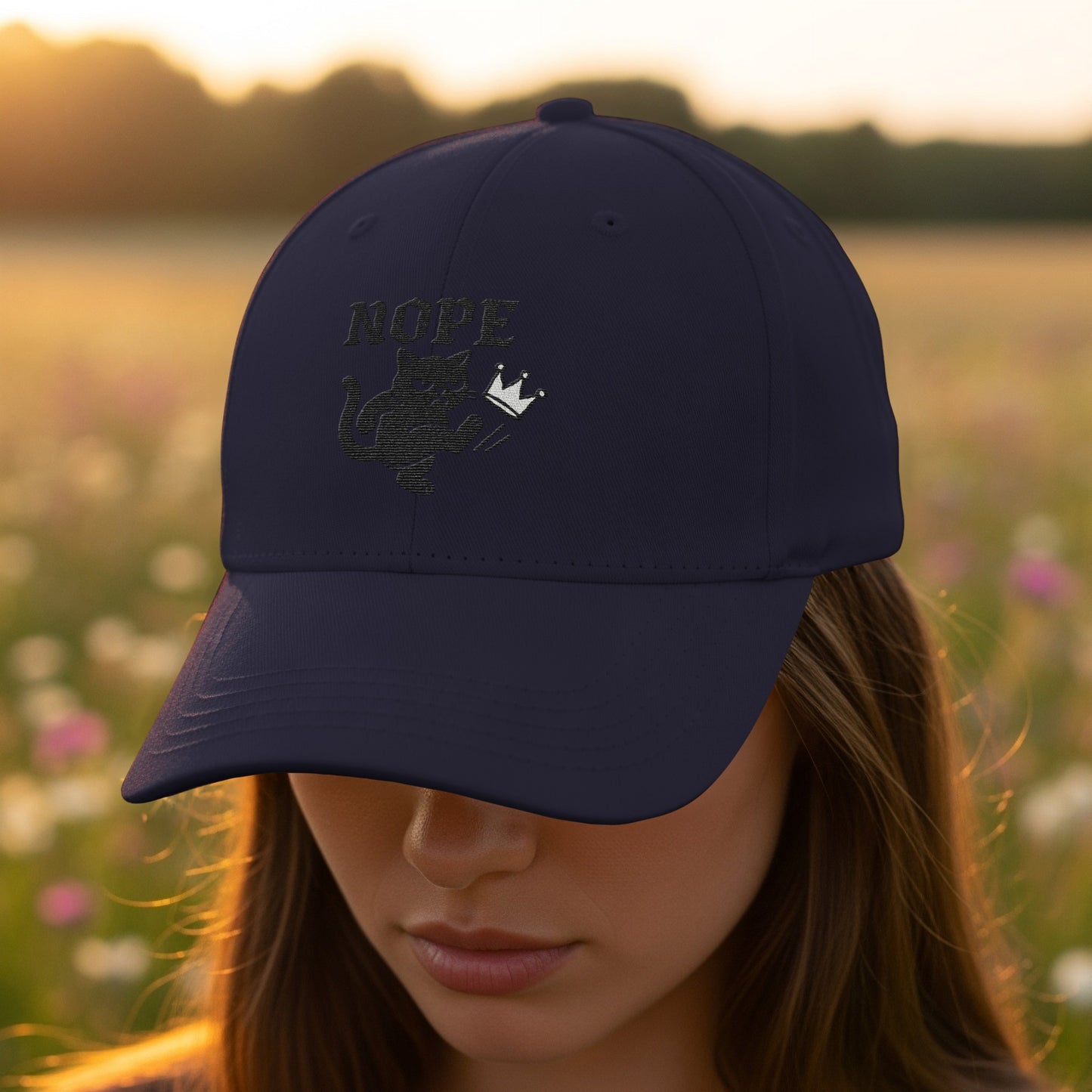 Nope Cat and Crown Embroidered Cap Stylish Hat product