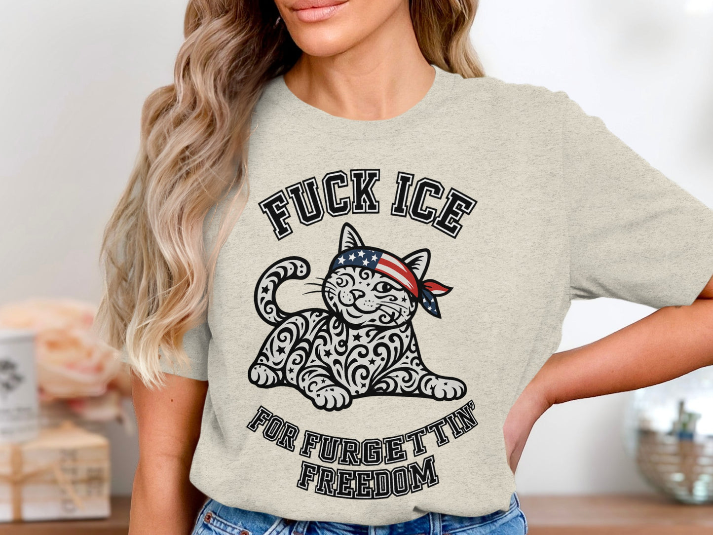 Funny Cat Graphic Tee with Patriotic Bandana Product