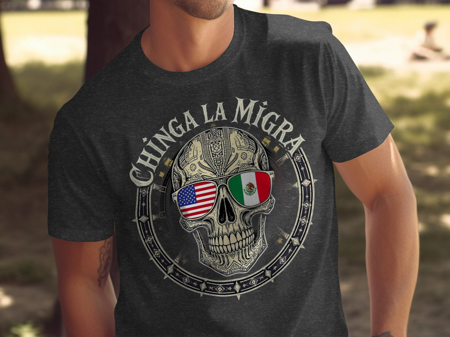 Chinga La Migra Skull American Mexican Flag T-Shirt product