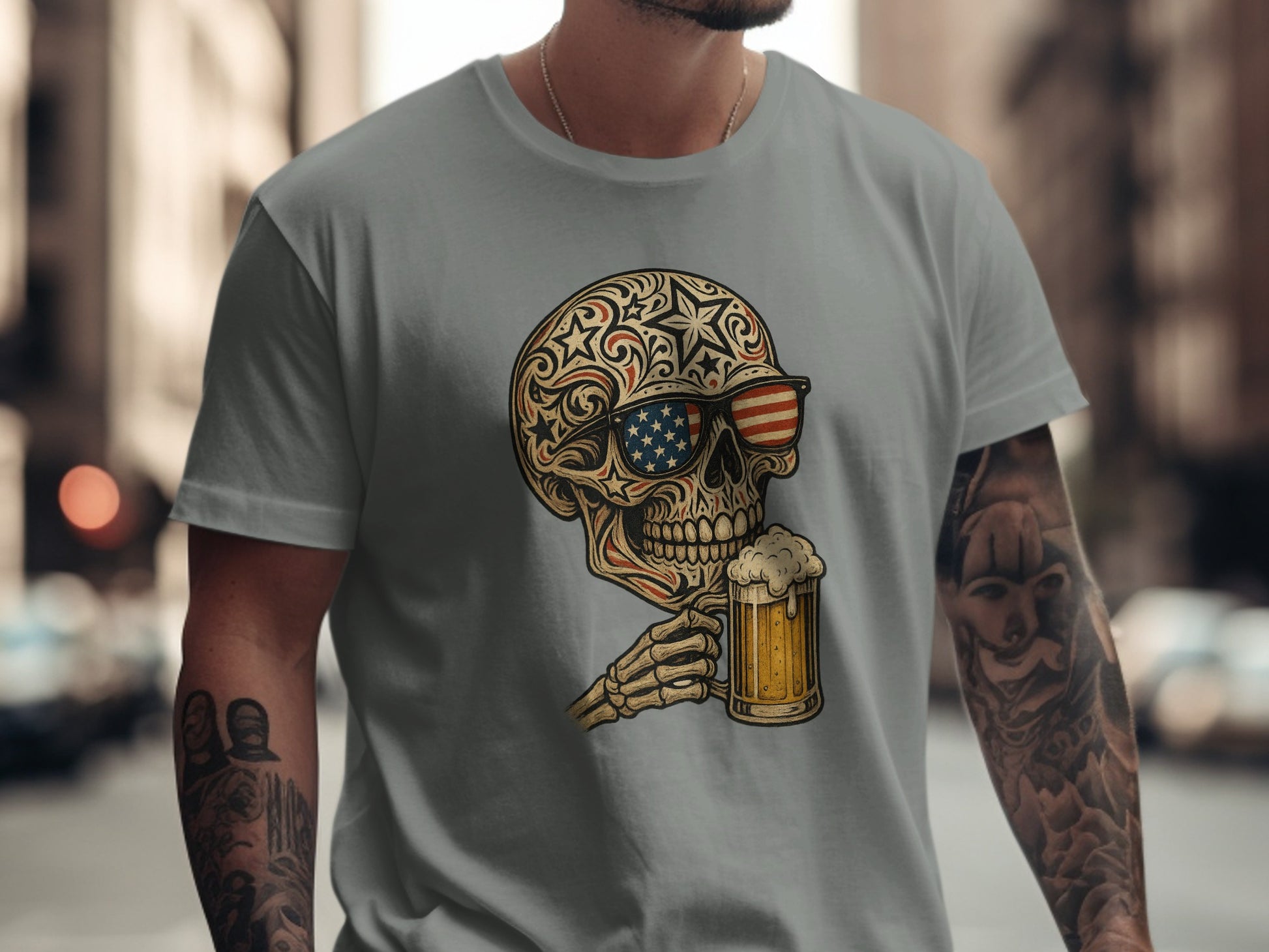 Patriotic Skull with Beer Graphic Tee Shirt product type