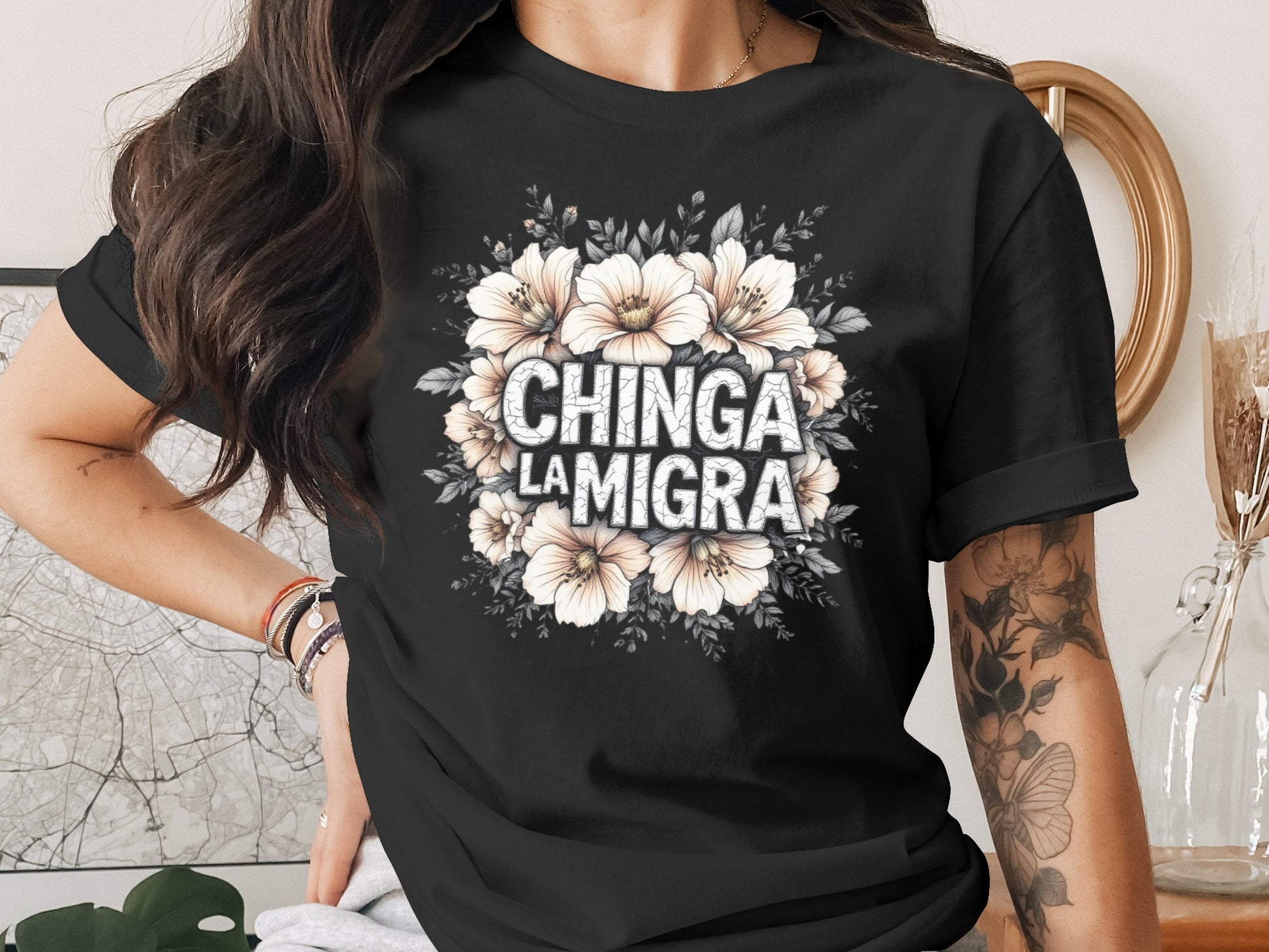 Chinga La Migra Floral Design Short Sleeve Shirt product type