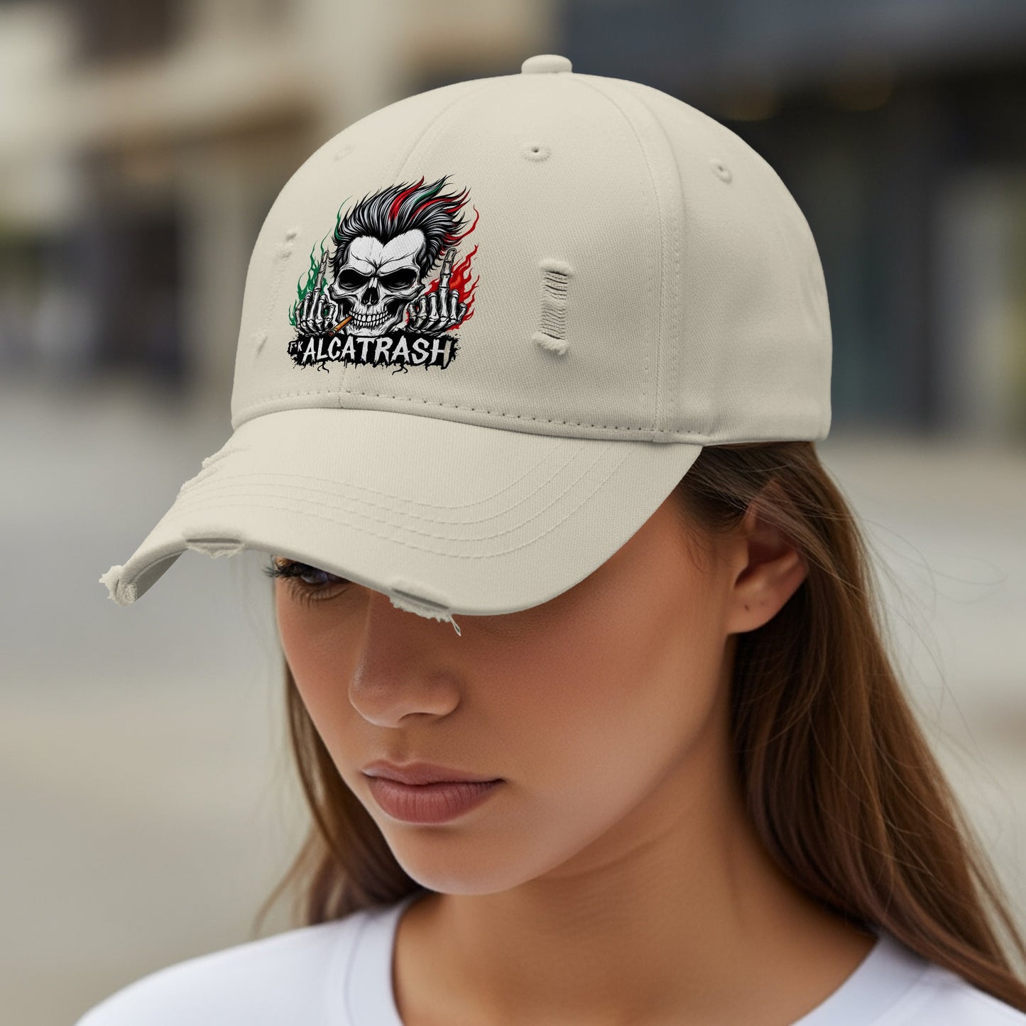 Distressed Cap with Edgy Skull and Flames Design product