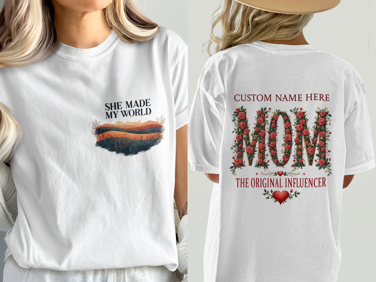 Custom Graphic 'She Made My World' and 'MOM' T-shirt product