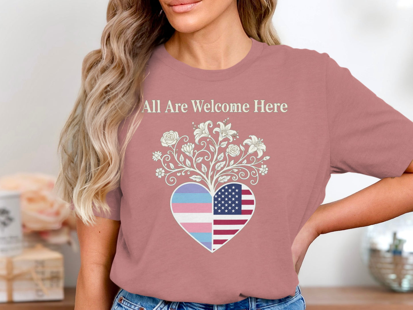 All Are Welcome Here Heart Graphic T-shirt product