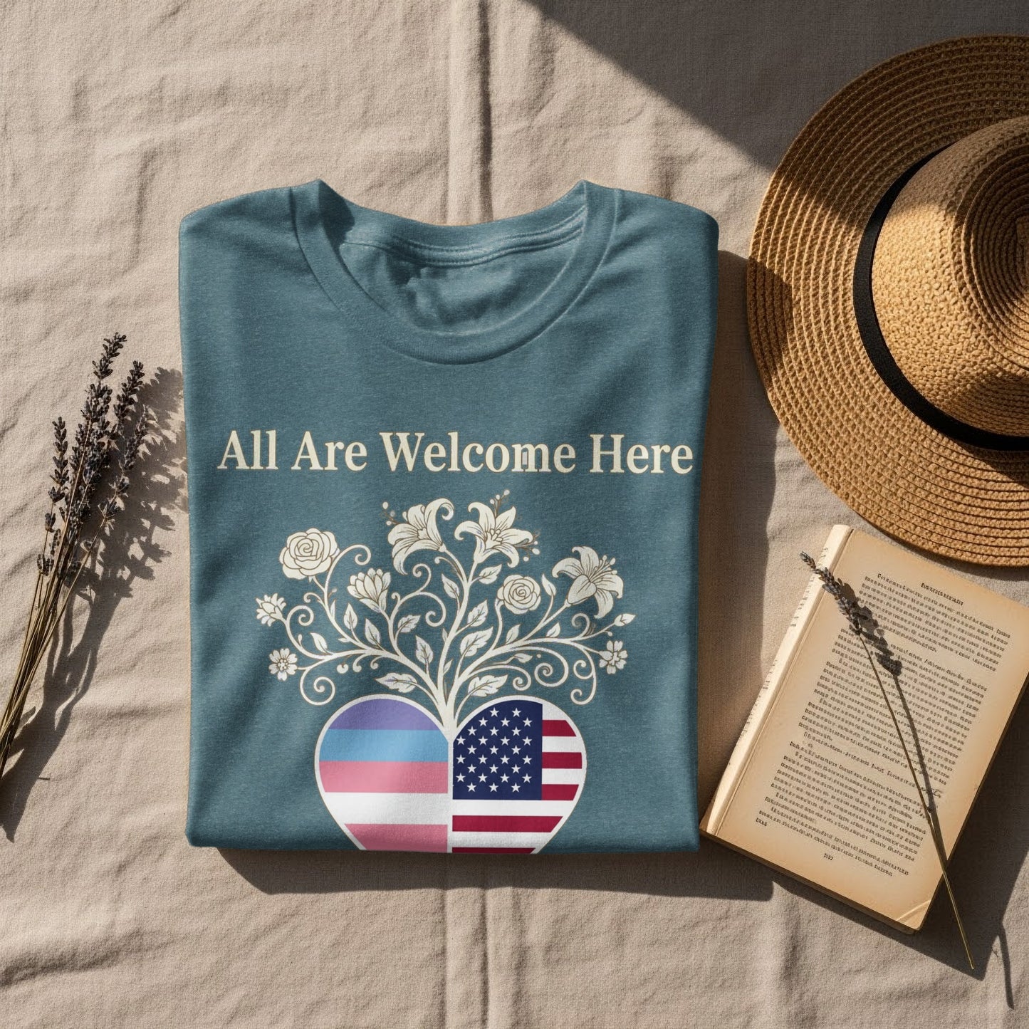 All Are Welcome Here Floral Heart Graphic Shirt product