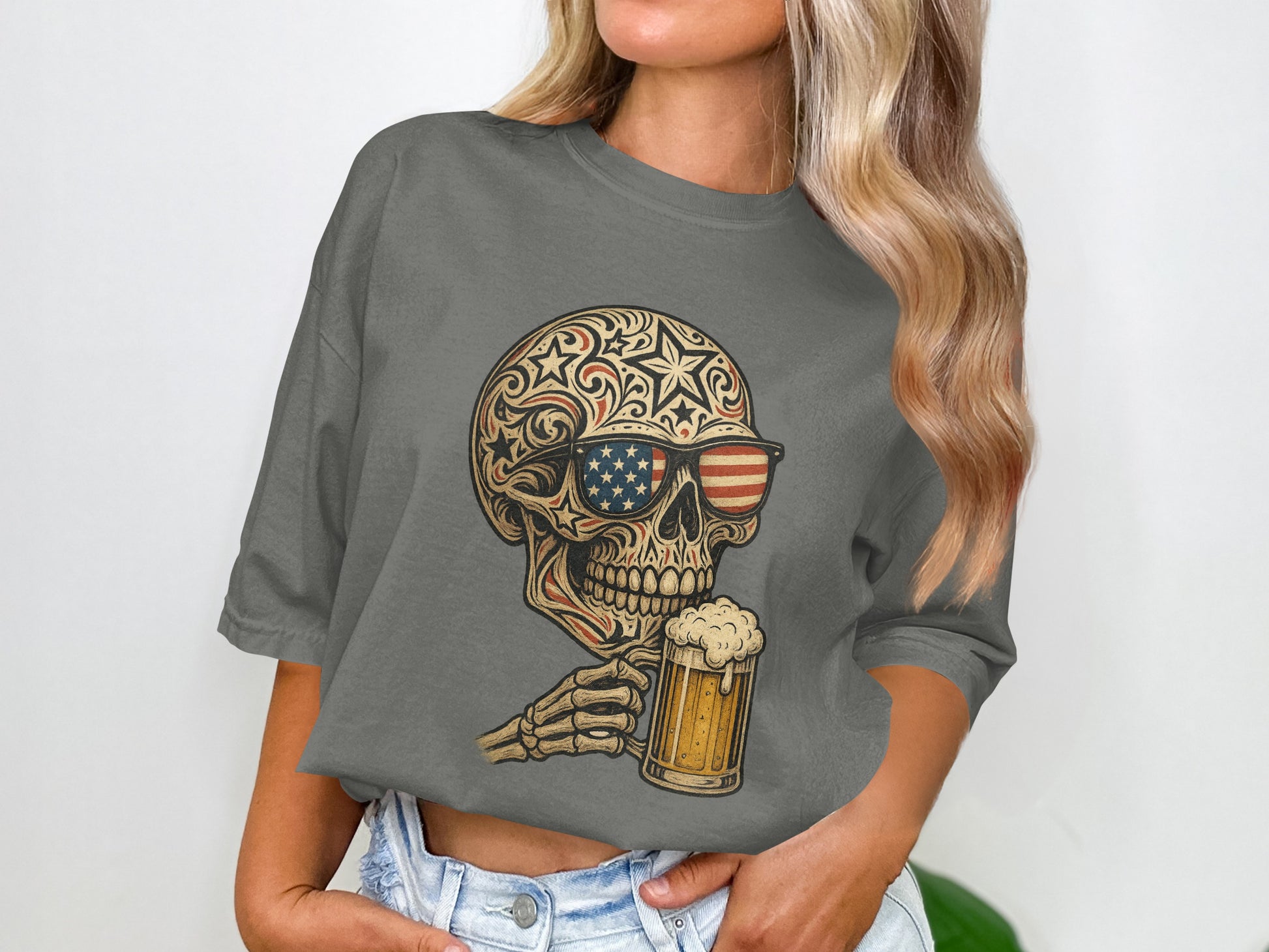 Patriotic Skull Holding Beer Stein Graphic Tee product
