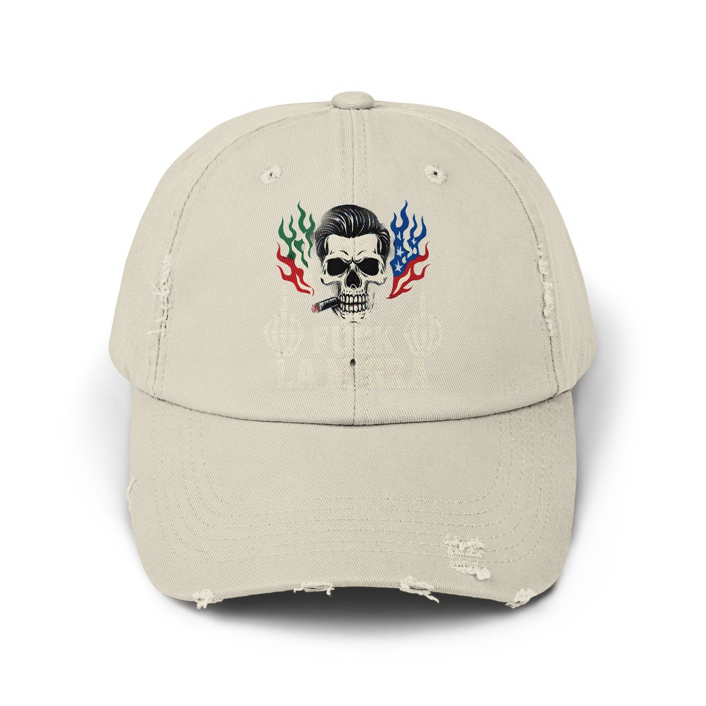Distressed Beige Cap with Skull and Flames Design product