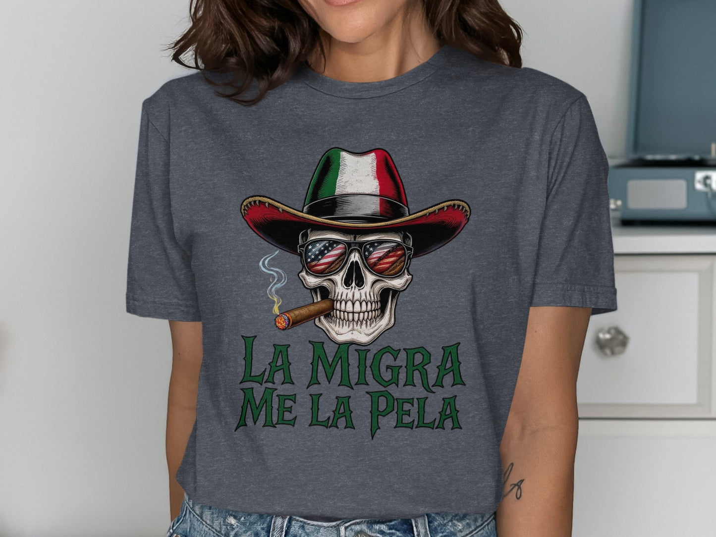 La Migra Me La Pela Skull With Hat T-Shirt product