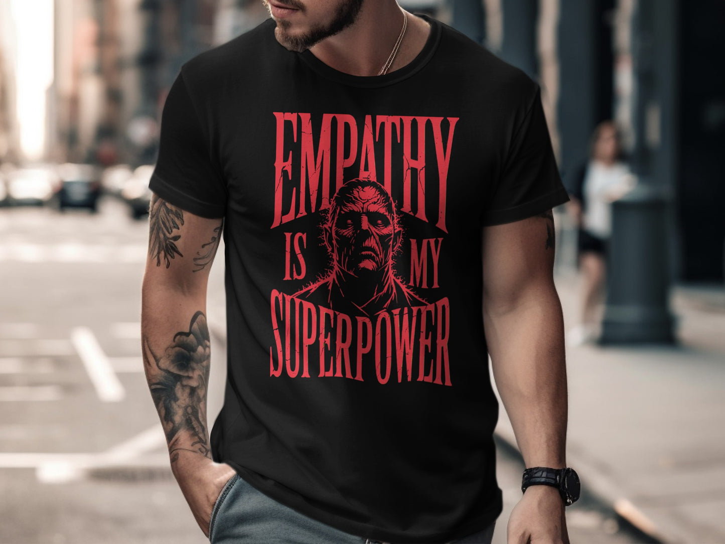 Black t-shirt with red graphic "EMPATHY IS MY SUPERPOWER" and zombie face.