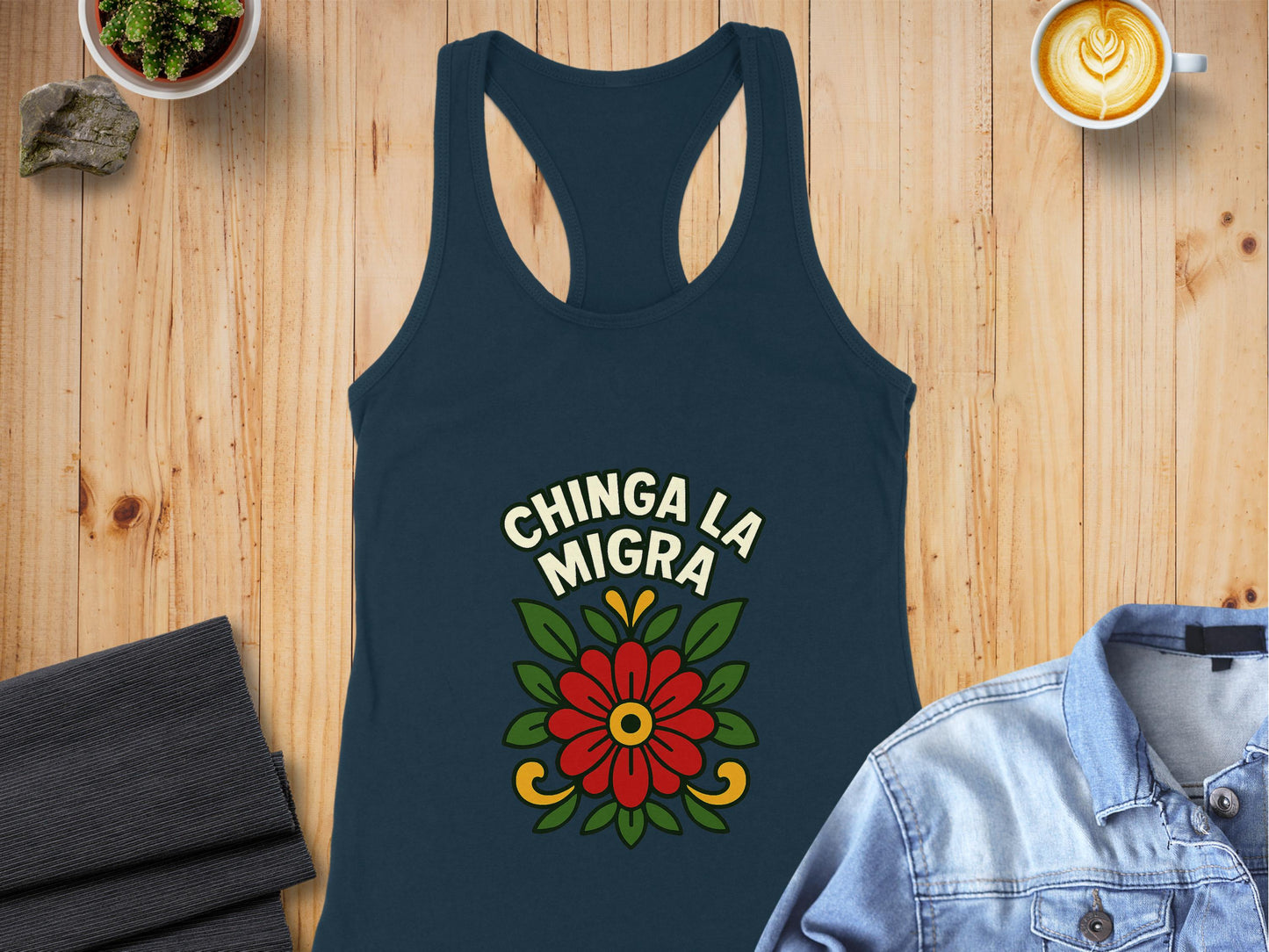 Chinga La Migra Floral Design Dark Blue Tank Top Product