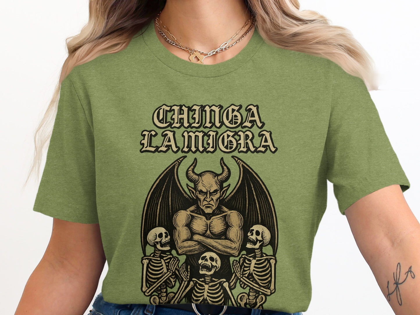 Chinga La Migra Devil and Skeletons Graphic T-shirt product type