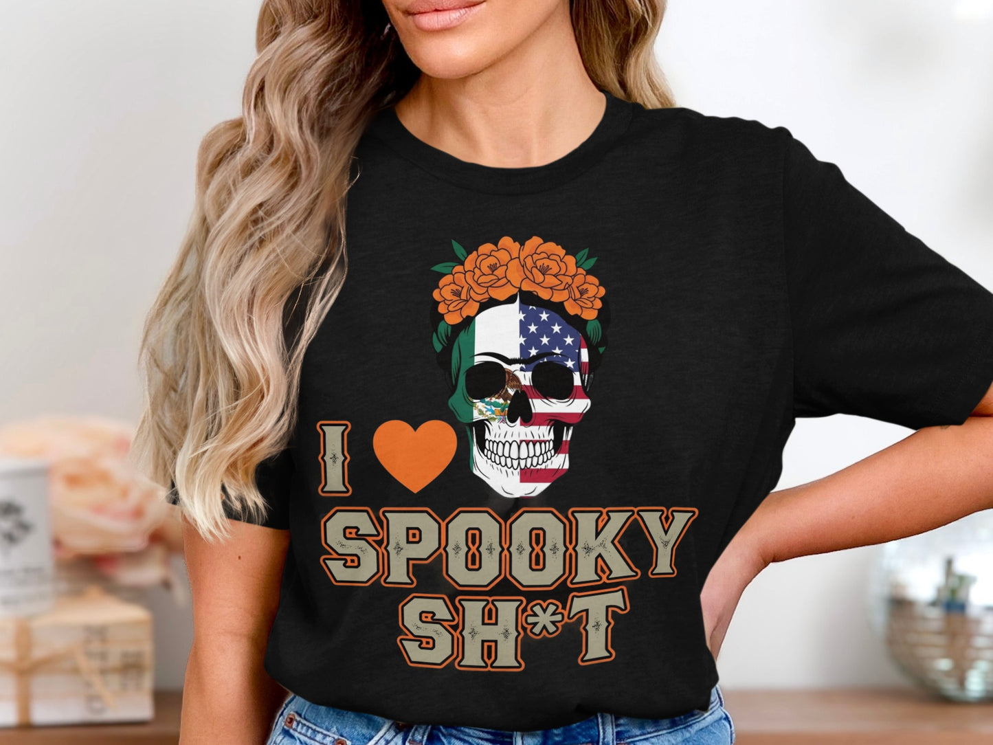 I Love Spooky Sh*t Skull American Flag T-Shirt product type