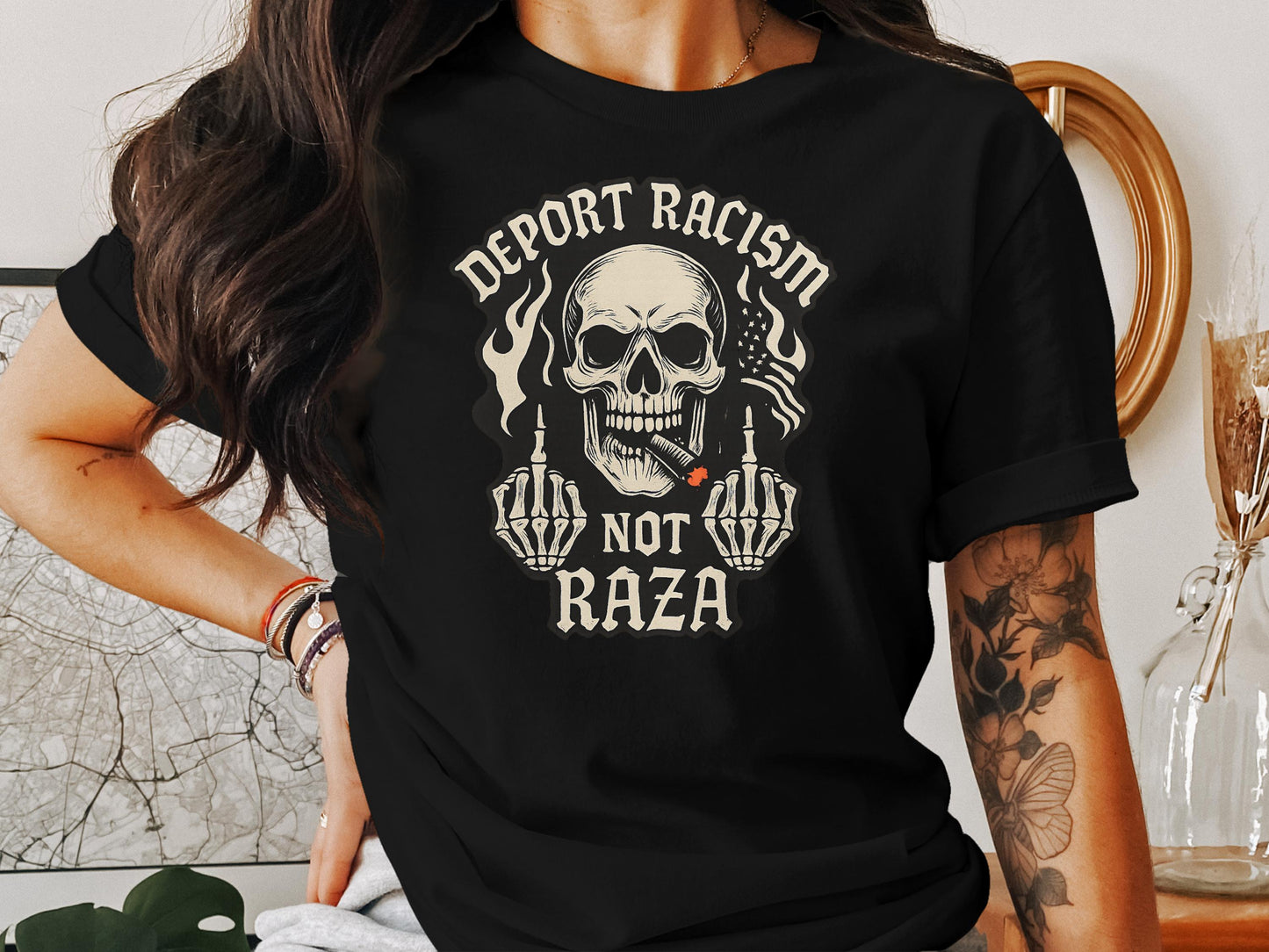Deport Racism Not Raza Skull Graphic T-Shirt product