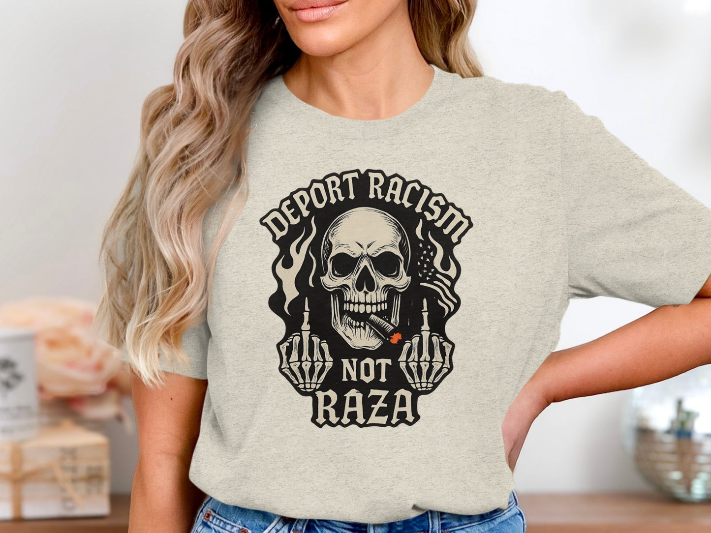 Deport Racism Not Raza Skull Graphic T-Shirt product