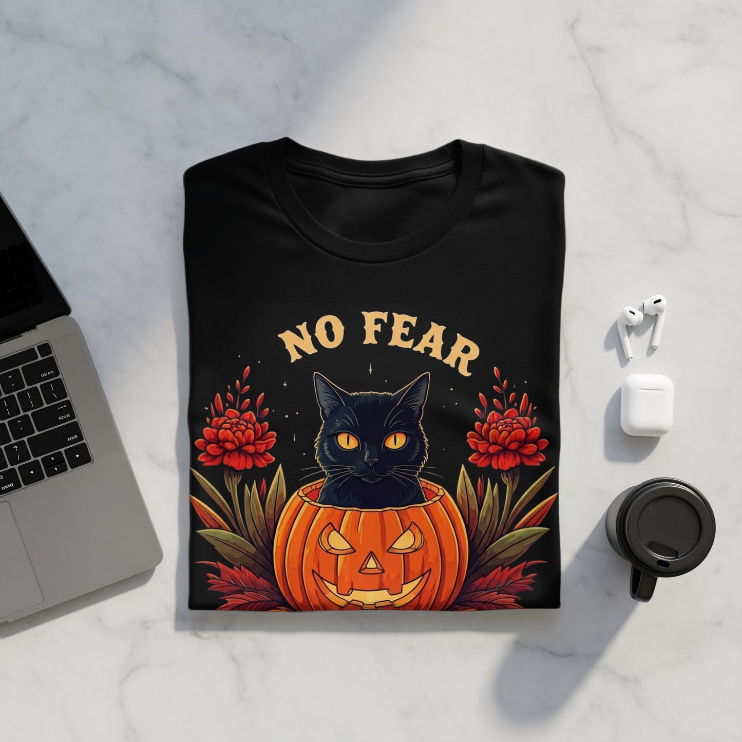 No Fear Black Cat Pumpkin Halloween Shirt product type