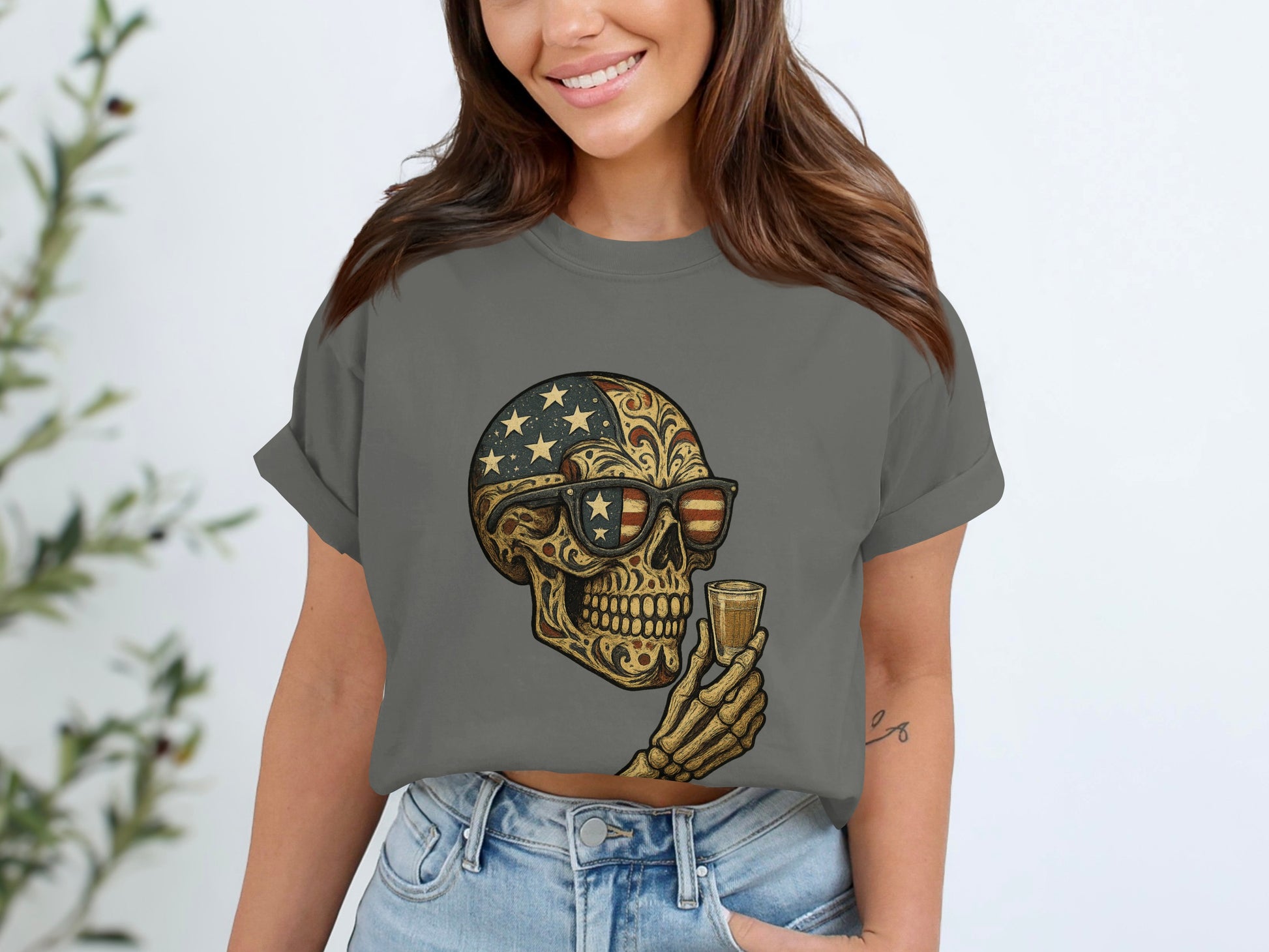 Vintage Skull Holding Glass Printed Shirt product