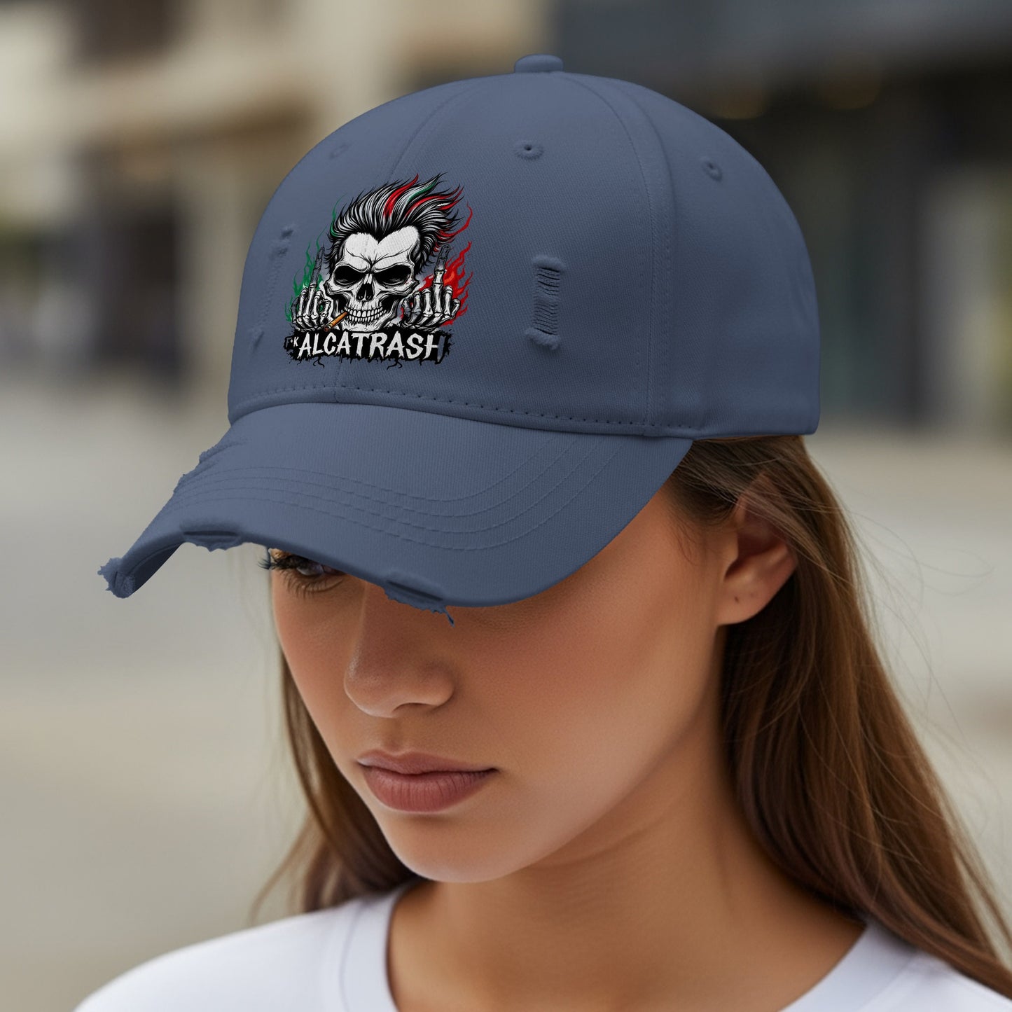 Distressed Skull Embroidered Alcatrash Design Cap product