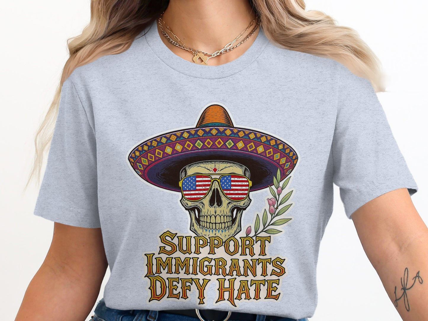 Support Immigrants Defy Hate Skull Unisex Shirt product