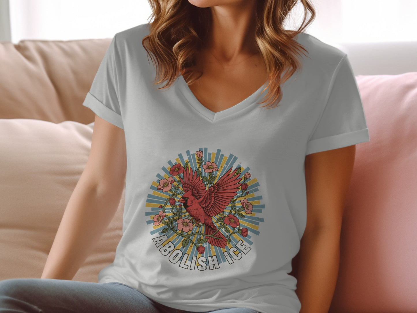 Abolish Ice Colorful Cardinal and Flowers T-Shirt product