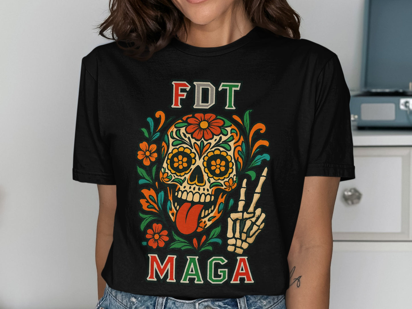 Colorful Skull and Floral Graphic Design T-shirt product