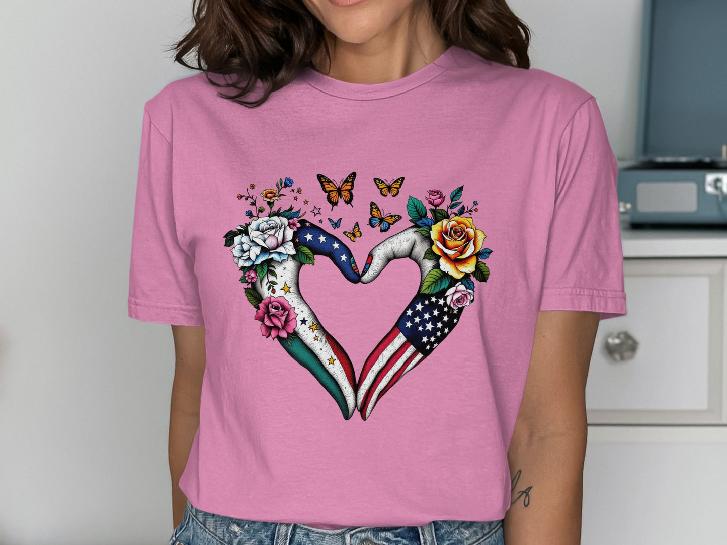 Pink T-shirt with Heart Butterfly and Flag Print product type