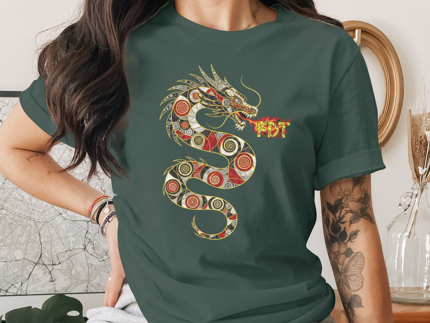 Colorful Abstract Dragon Design On Green Shirt product