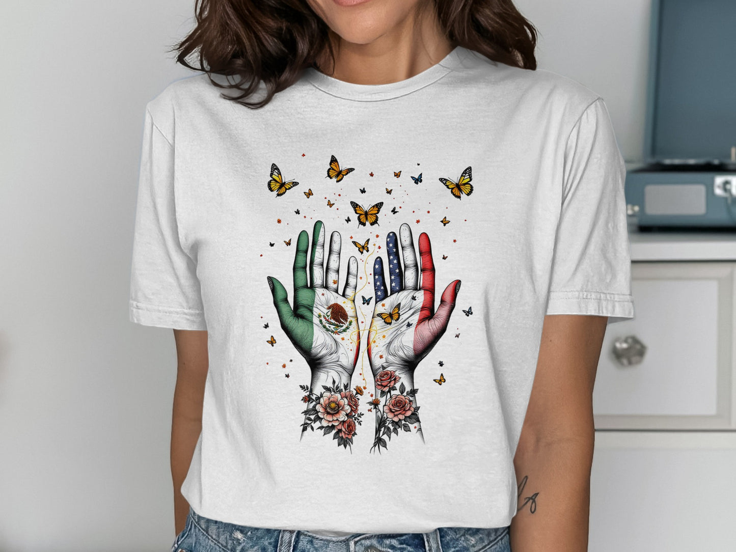 Vibrant Butterfly and Floral Mexican Flag T-Shirt product