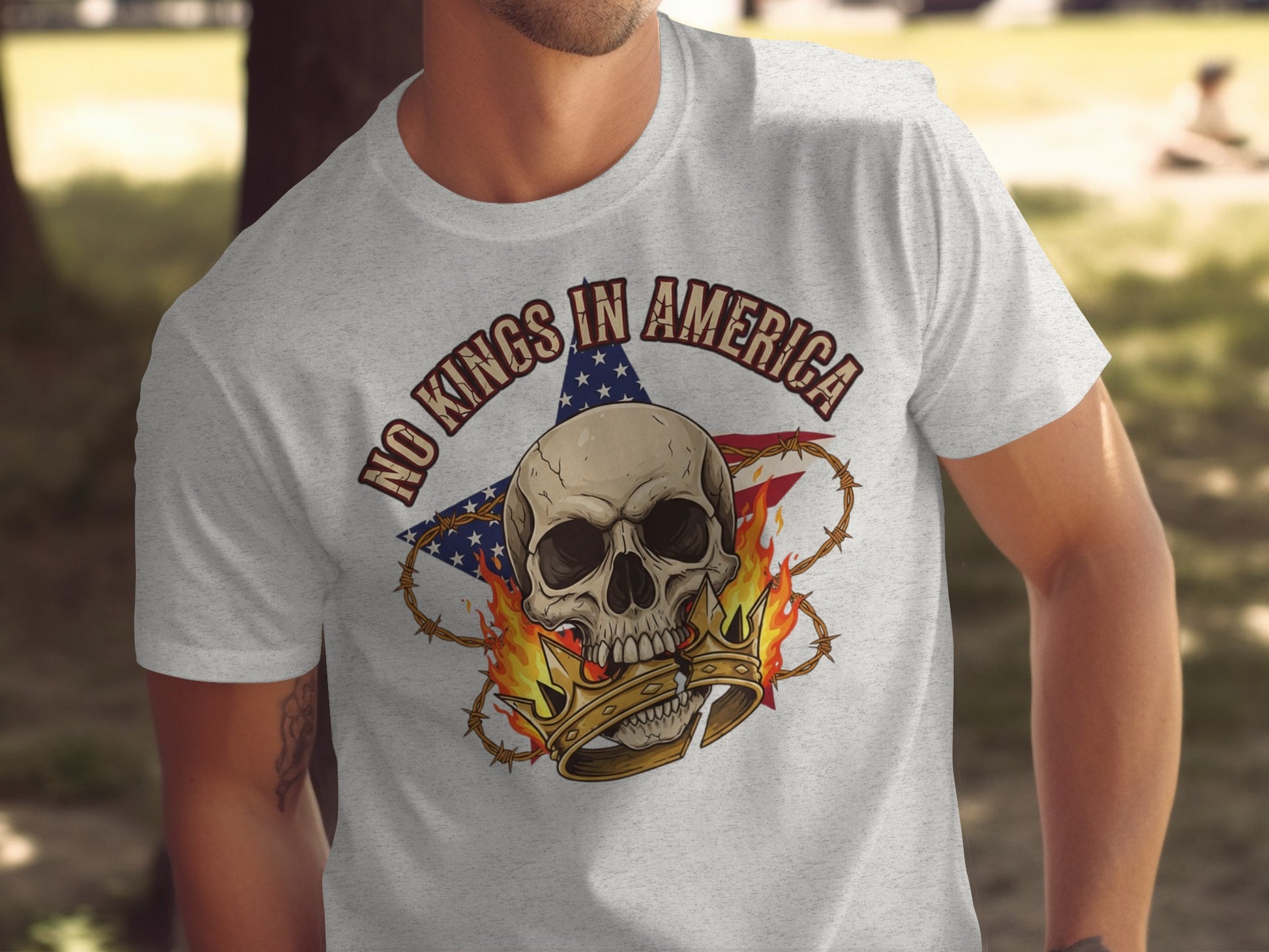 No Kings in America Skull and Flame Graphic T-shirt