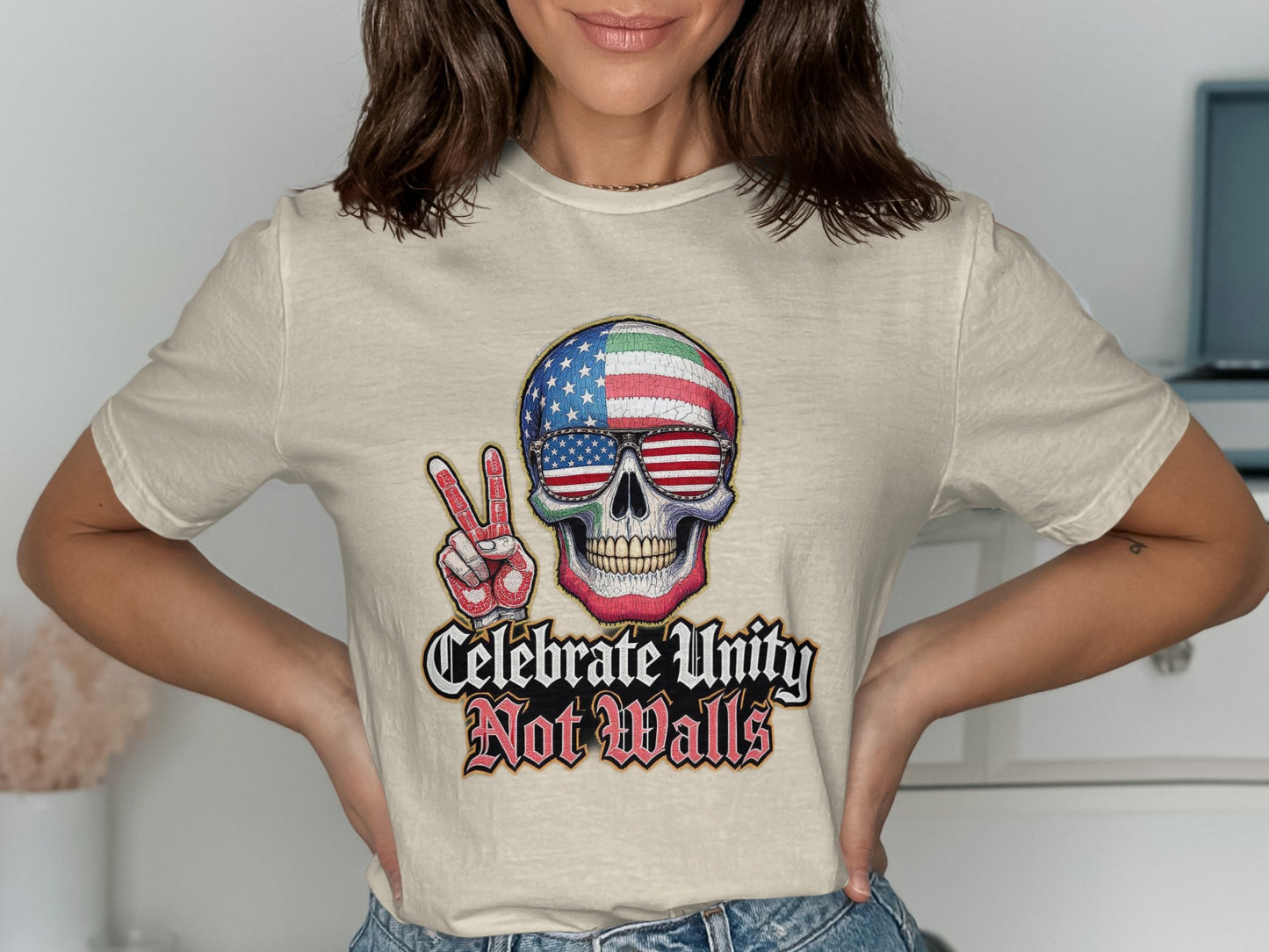 Celebrate Unity Not Walls Peace Sign Skull Print product