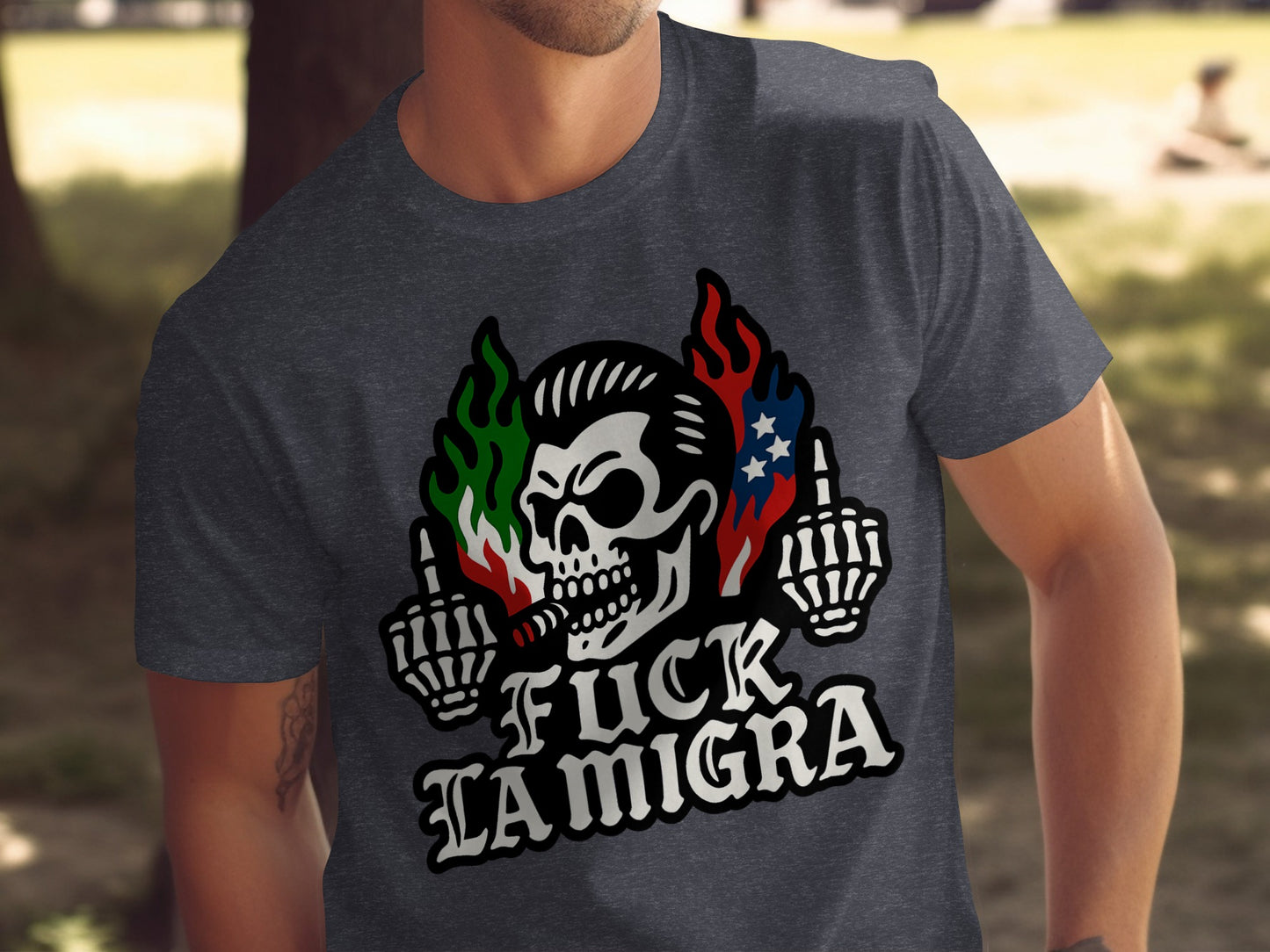 Fuck La Migra Skull Middle Finger Graphic Shirt Product