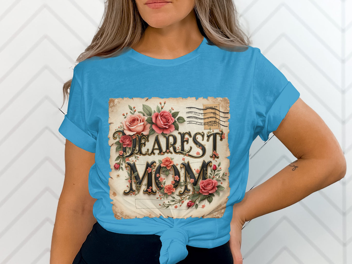 Dearest Mom Floral Design Casual Blue Tee Shirt product type