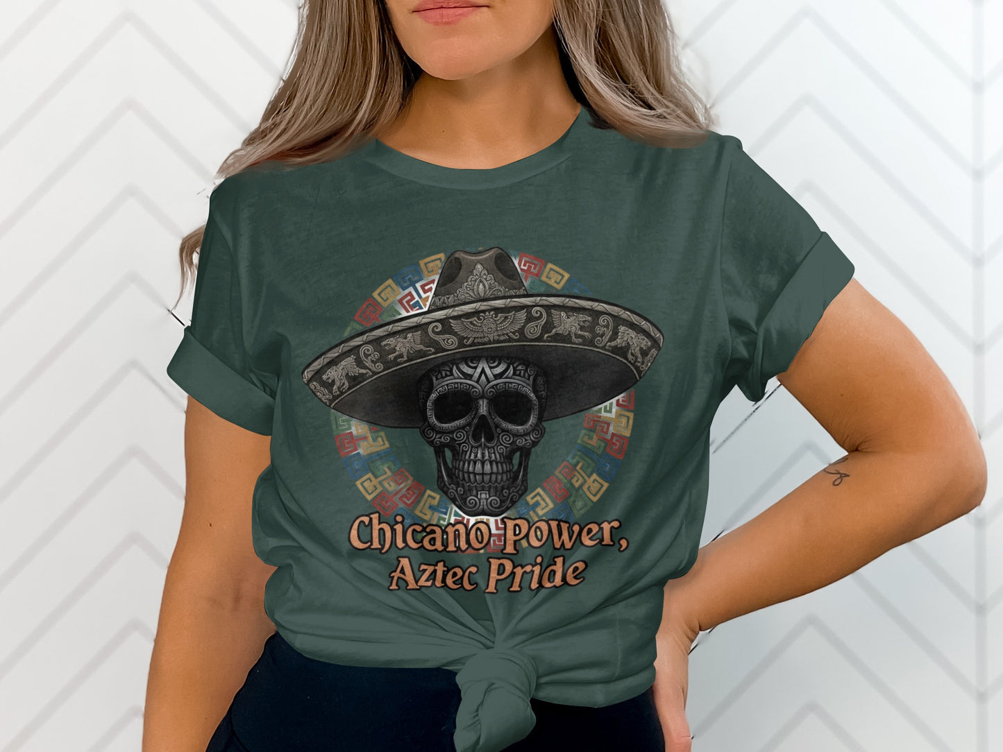 Chicano Power Aztec Pride Skull Graphic T-shirt