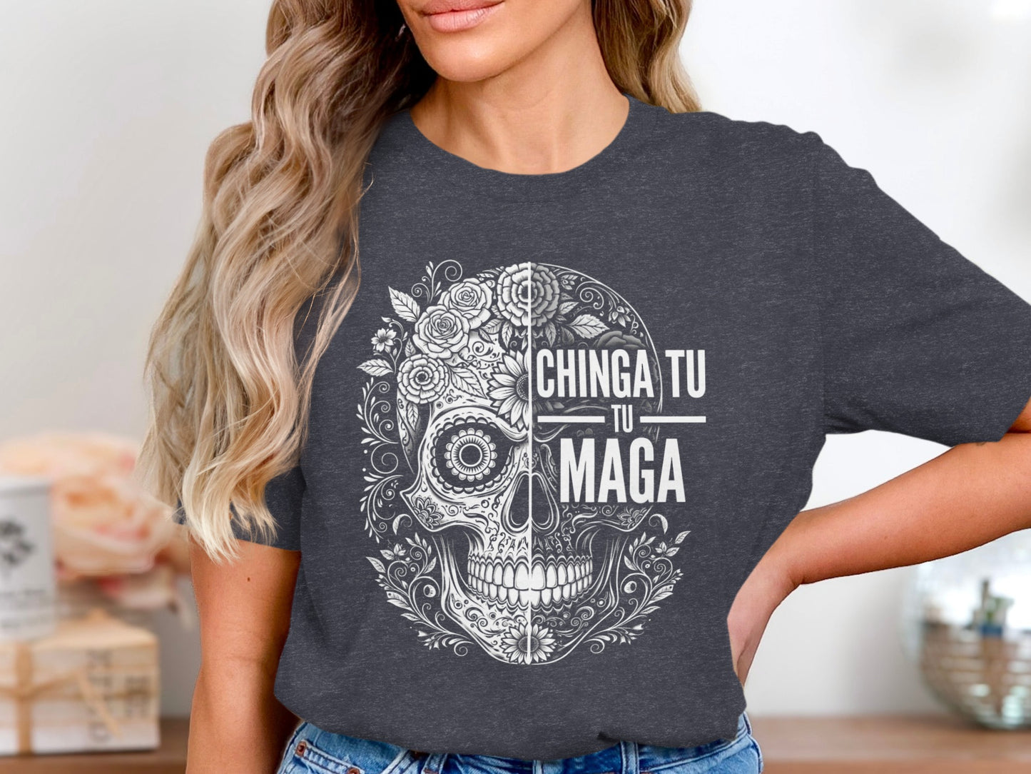 Chinga Tu M**a Skull Print on Slate Grey T-shirt product