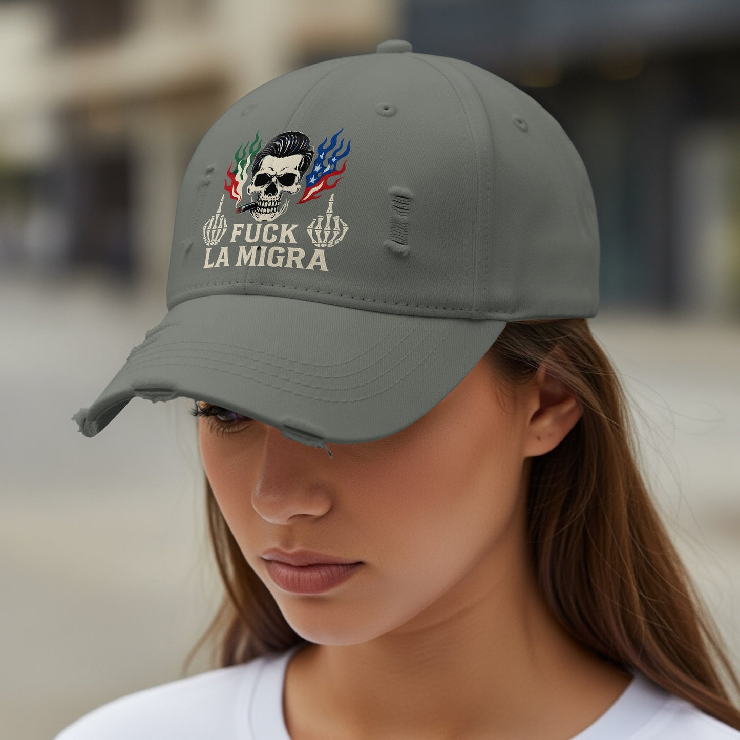 Fuck La Migra Distressed Grey Baseball Cap product