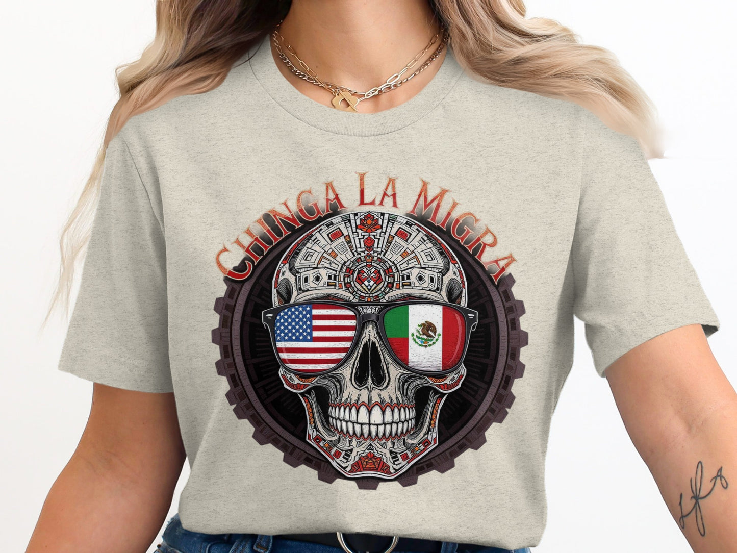 Chinga La Migra Skull American Mexican Flag Shirt product
