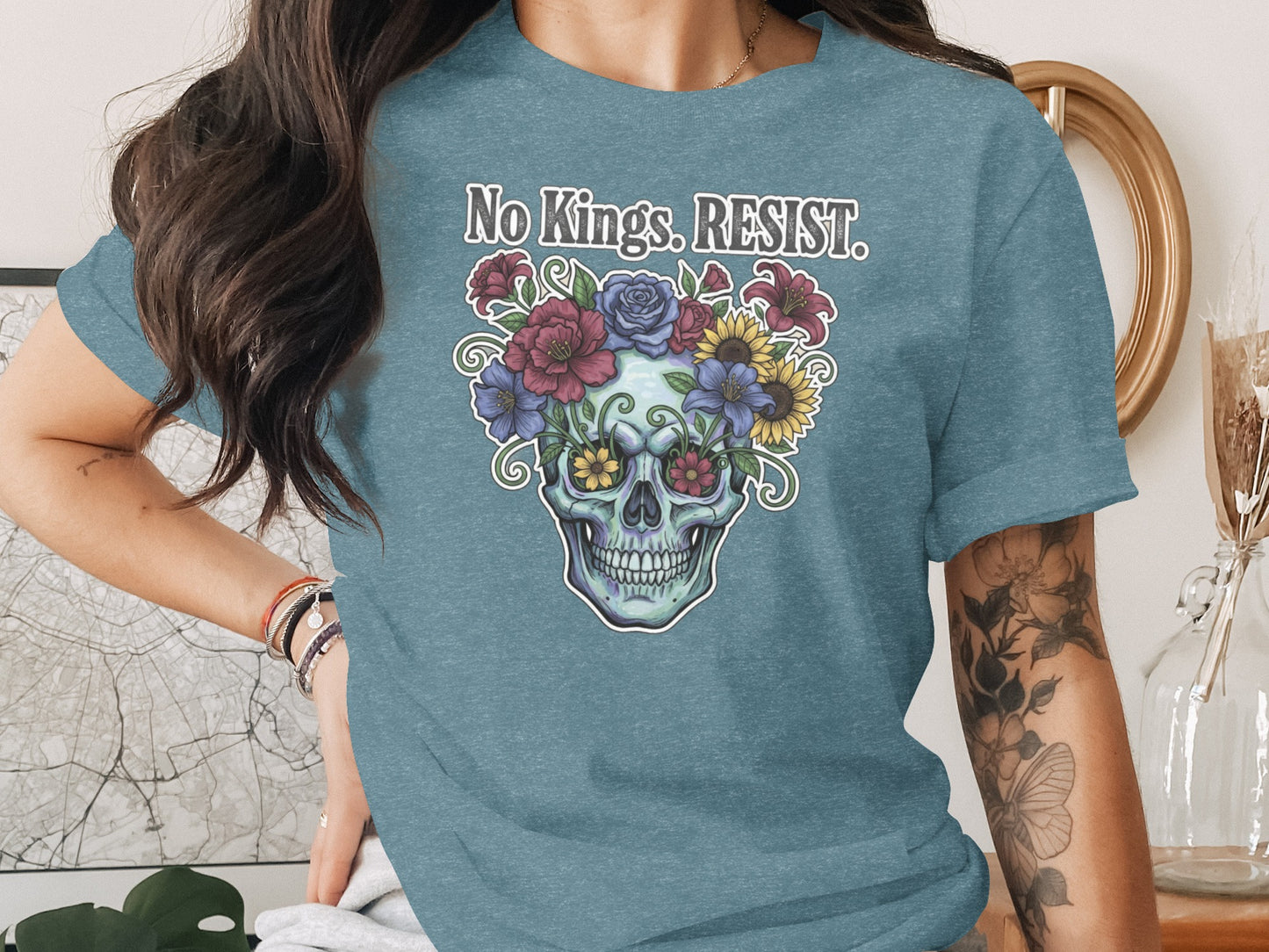 No Kings RESIST Skull and Flowers Graphic T-Shirt product