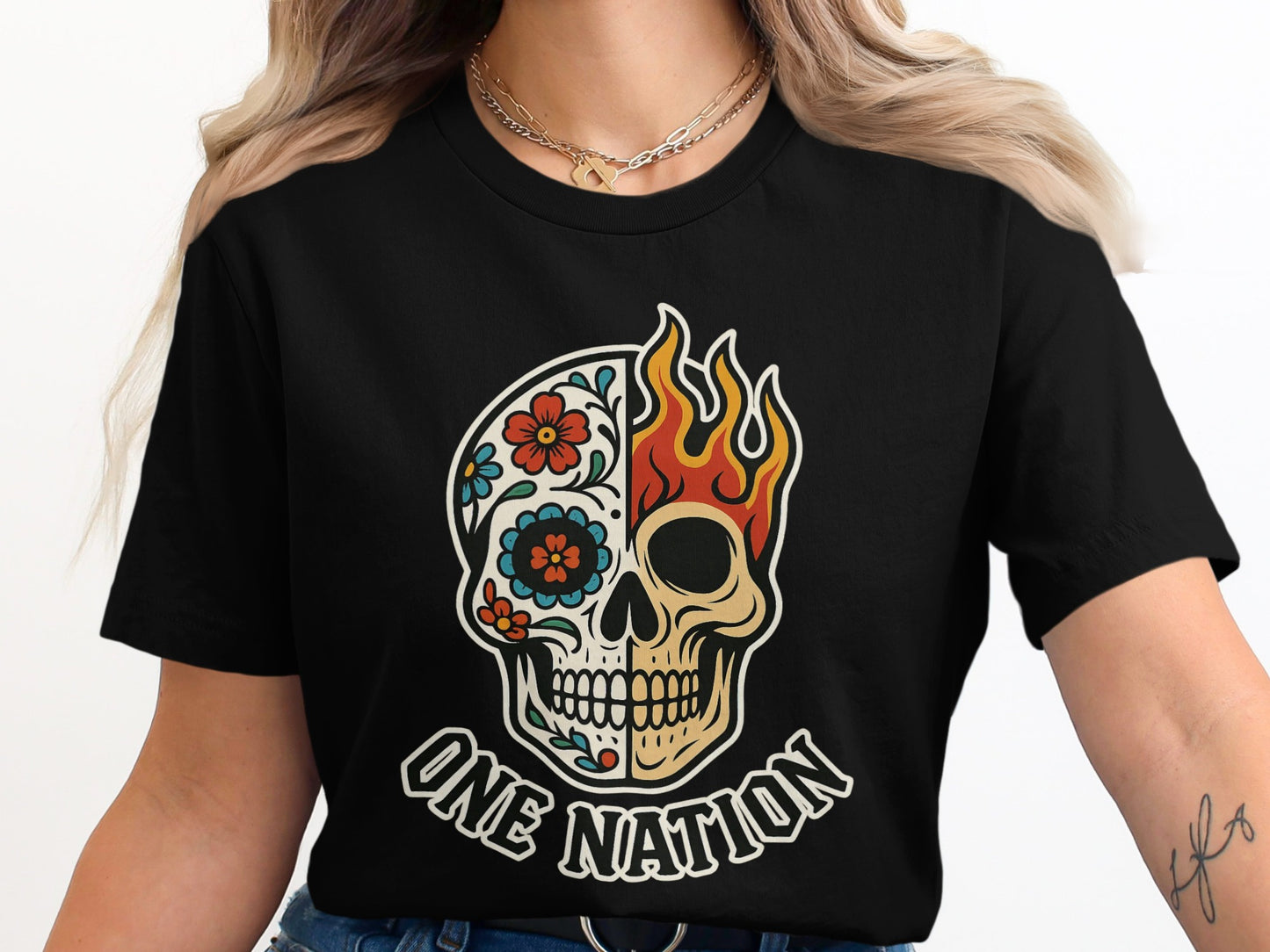 One Nation Colorful Skull Graphic Tee Shirt product type