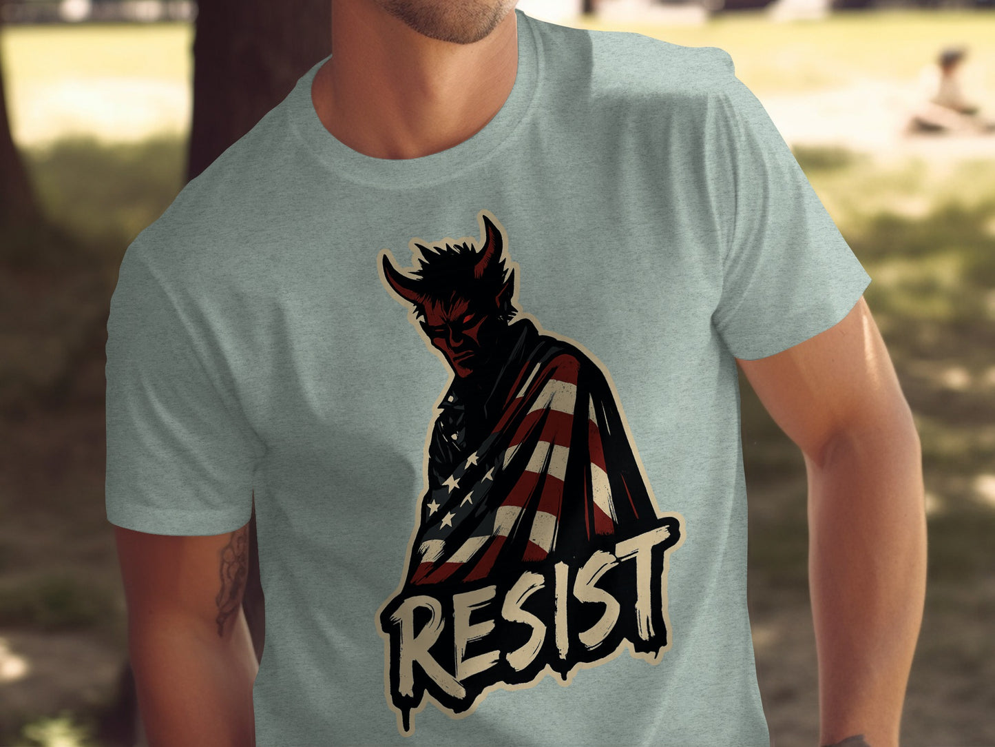 Devil Figure Wrapped in American Flag Resist product type