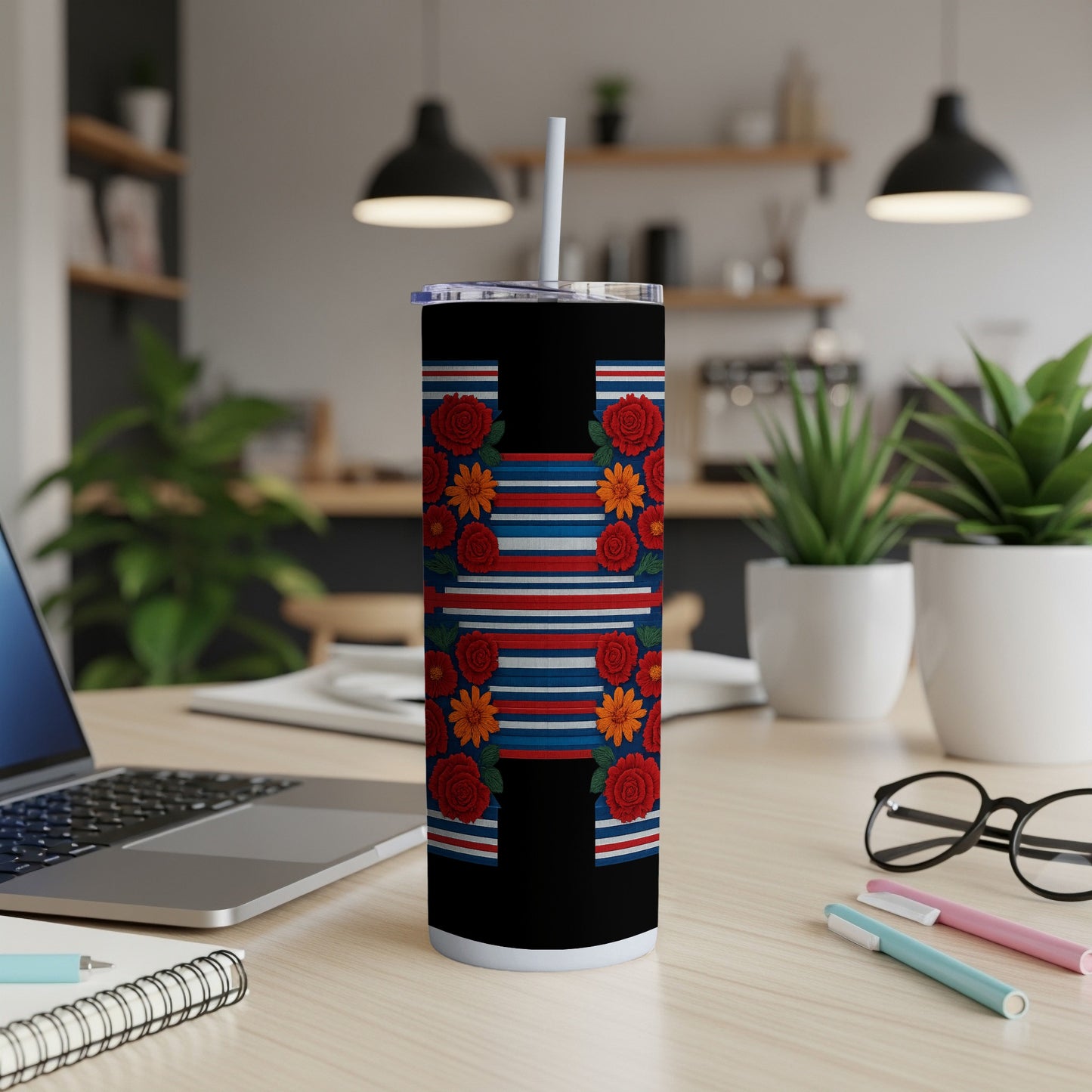 Colorful Floral Pattern on Black Travel Mug product
