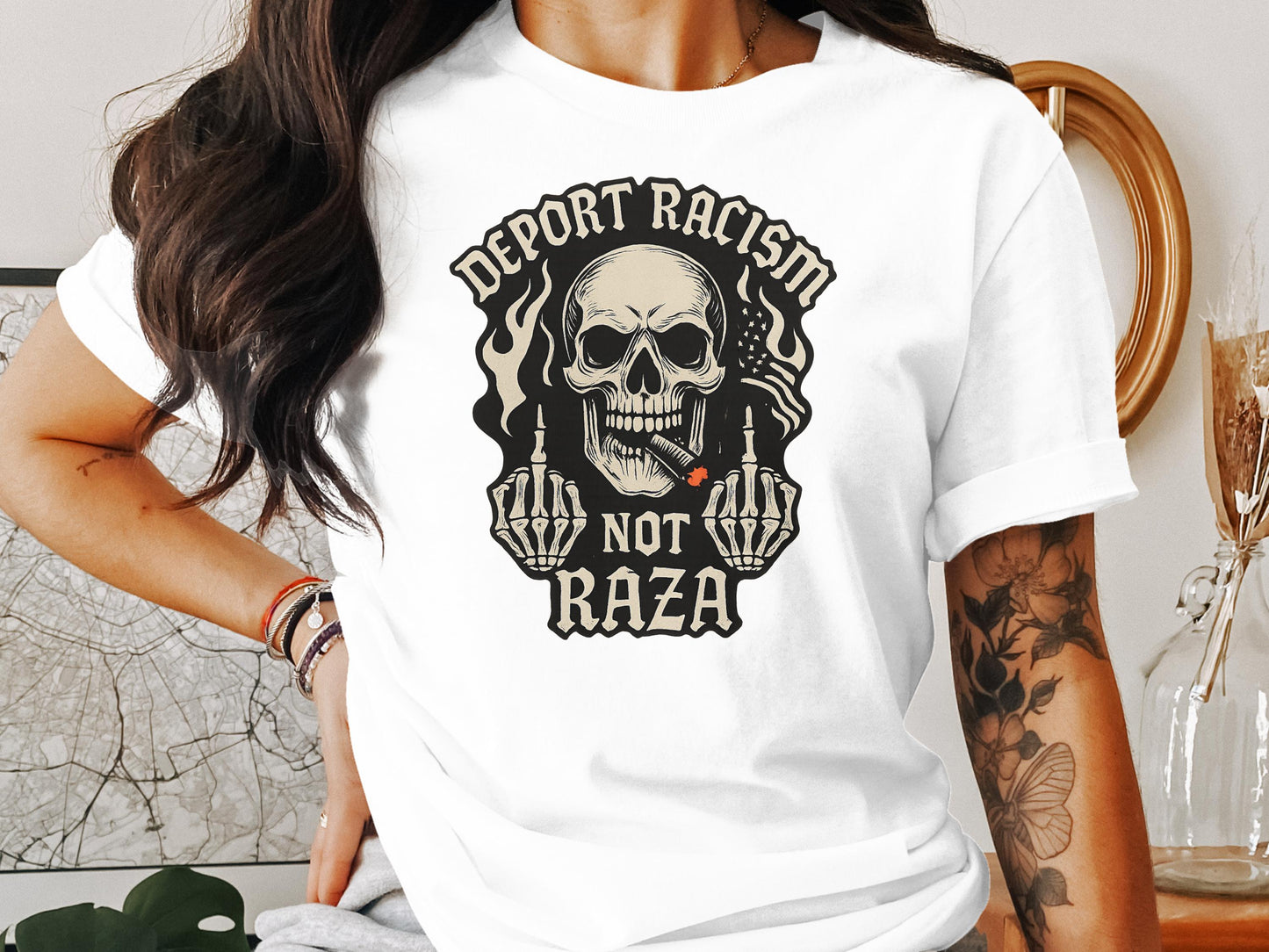 Deport Racism Not Raza Skull Graphic T-Shirt Product