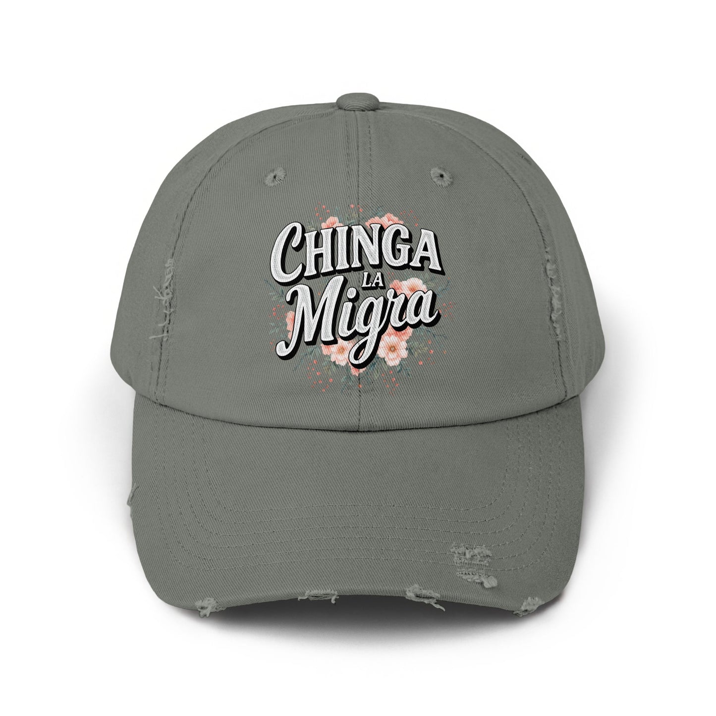 Chinga La Migra Embroidered Distressed Grey Hat product type