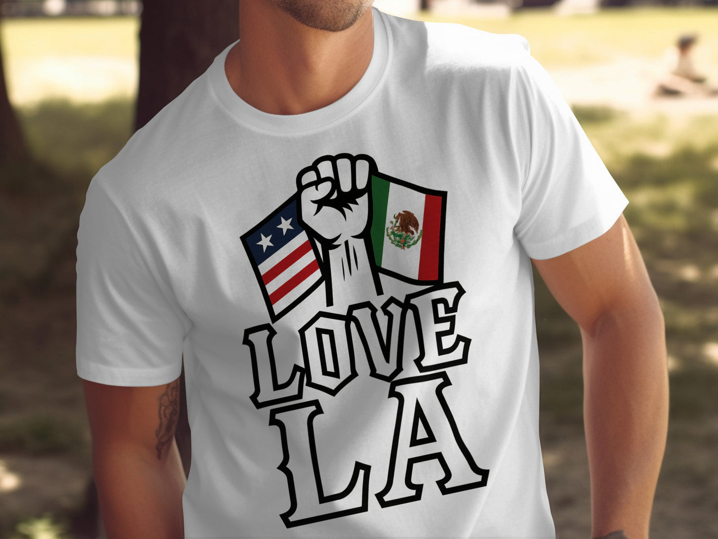 Love LA T-shirt with Flag and Fist Graphic product type