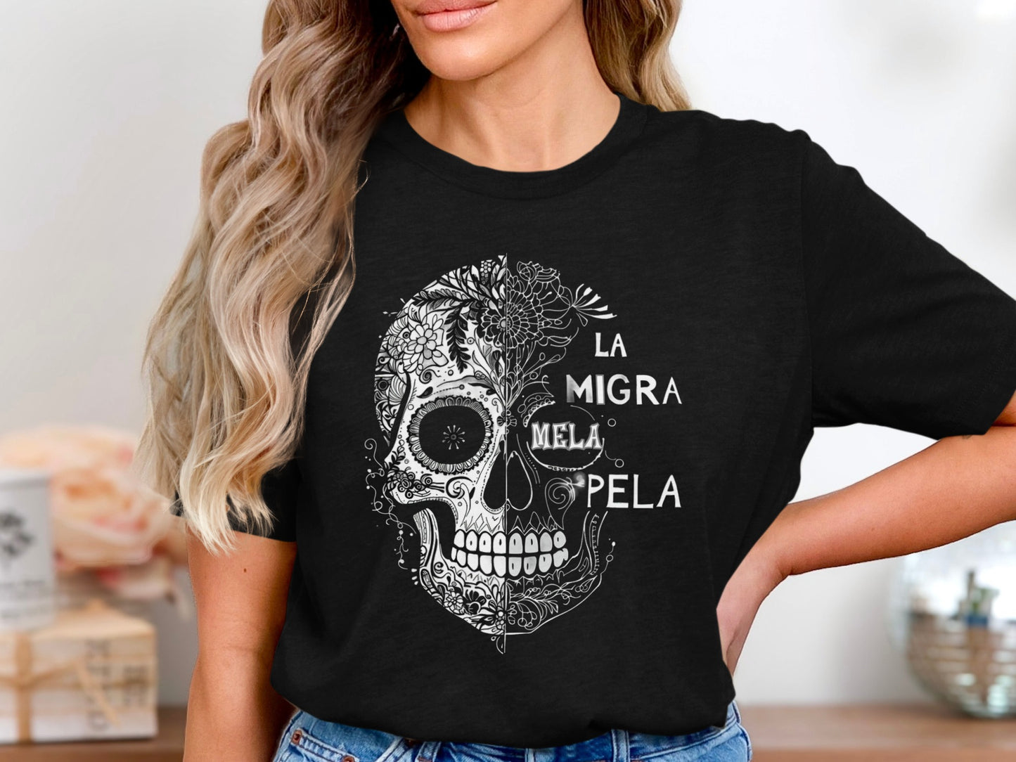 La Migra Mela Pela Skull Design Graphic Shirt product