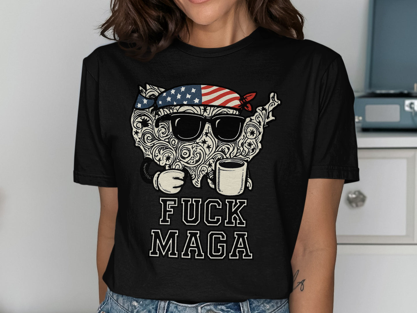 Patriotic Skull With Coffee Cup Graphic T-Shirt product