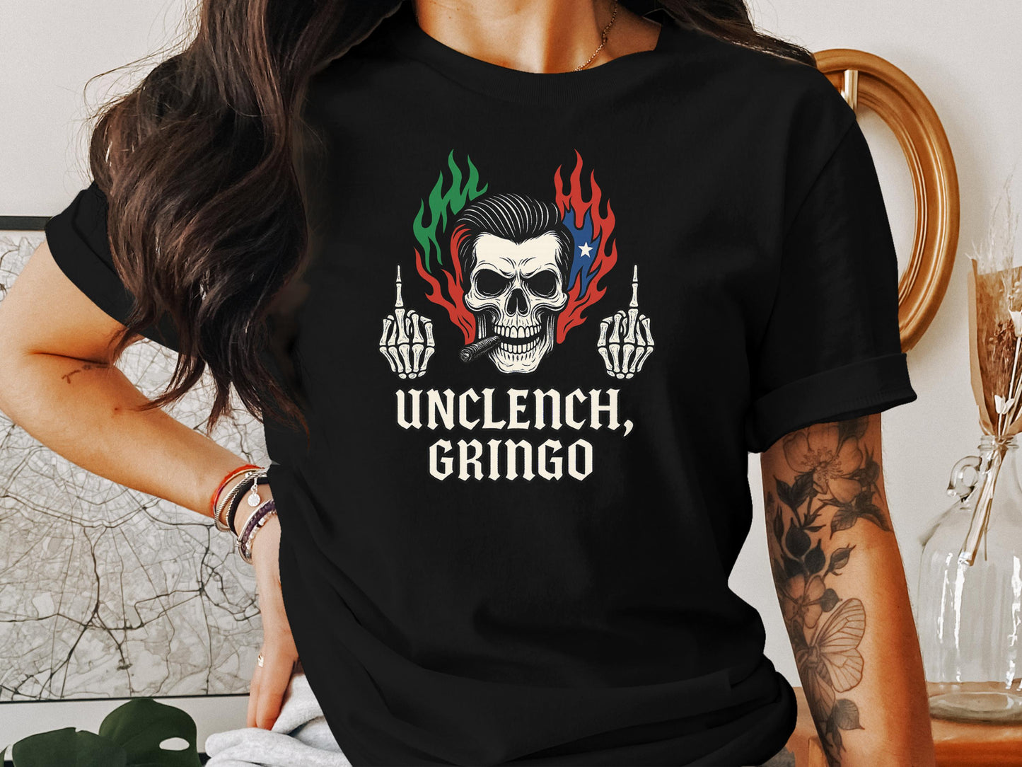 Unclench Gringo Skull Art Graphic Tee Product